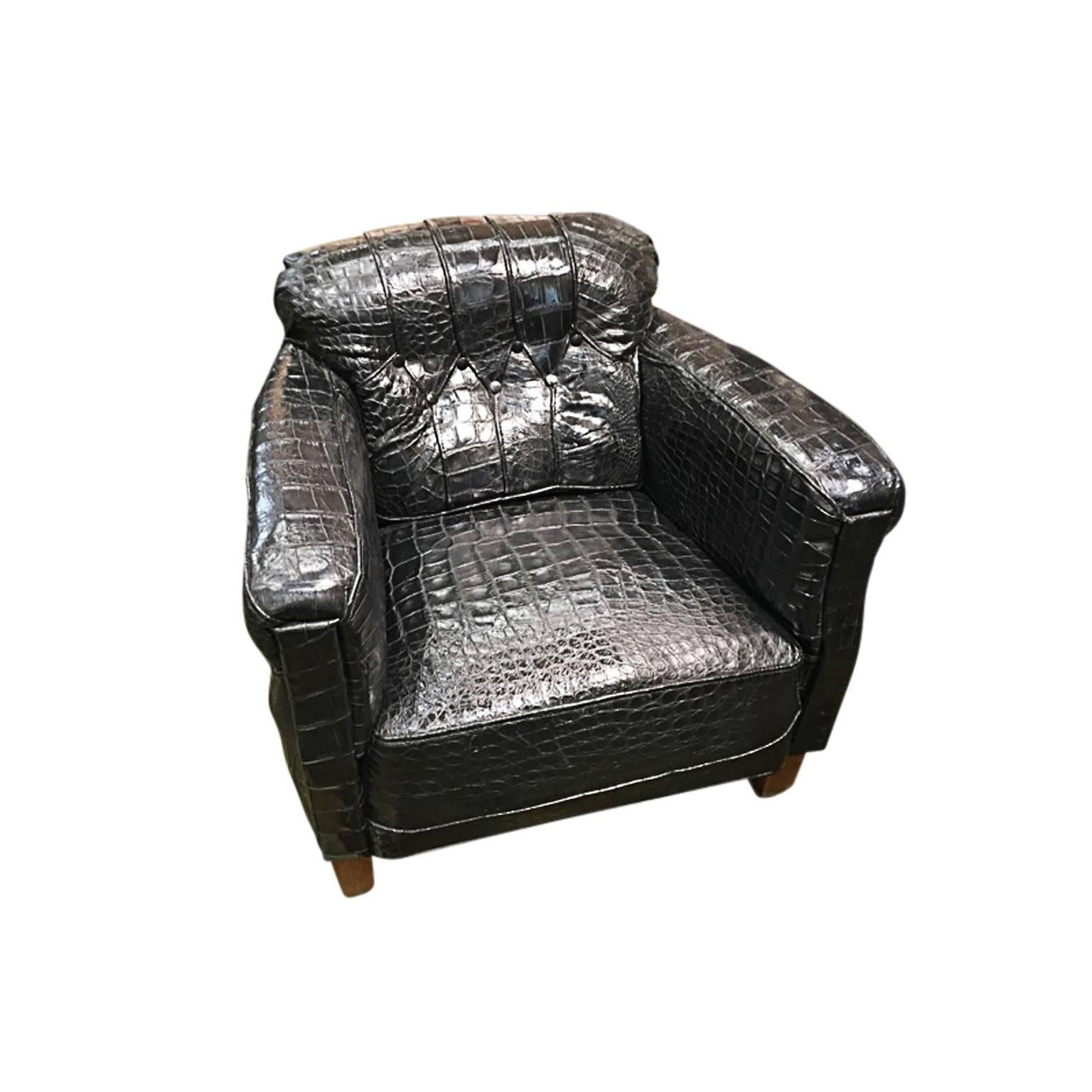 Crocodile Pair of French Art Deco Framed Black Alligator Upholstered Lounge Chairs