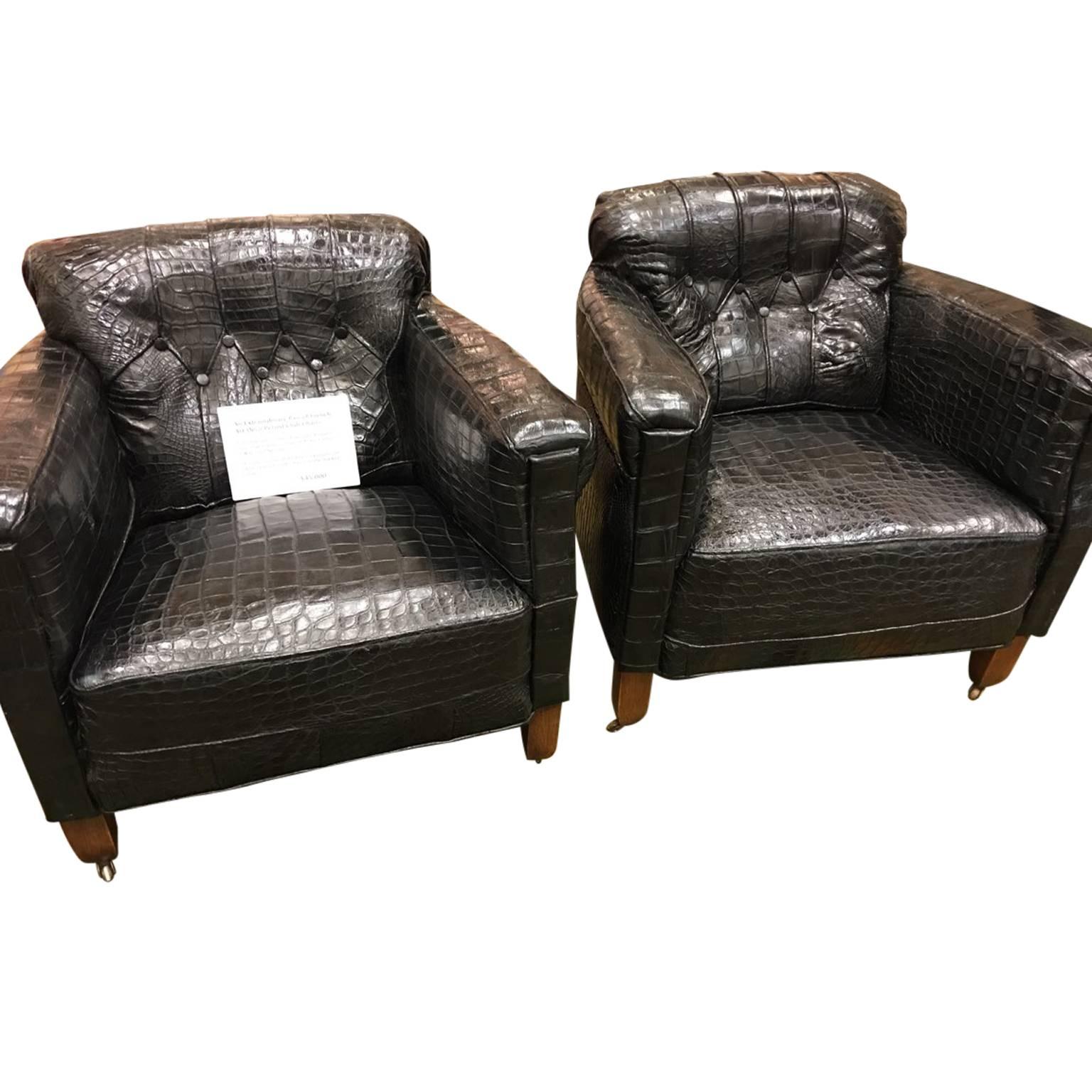 Contemporary Pair of French Art Deco Framed Black Alligator Upholstered Lounge Chairs