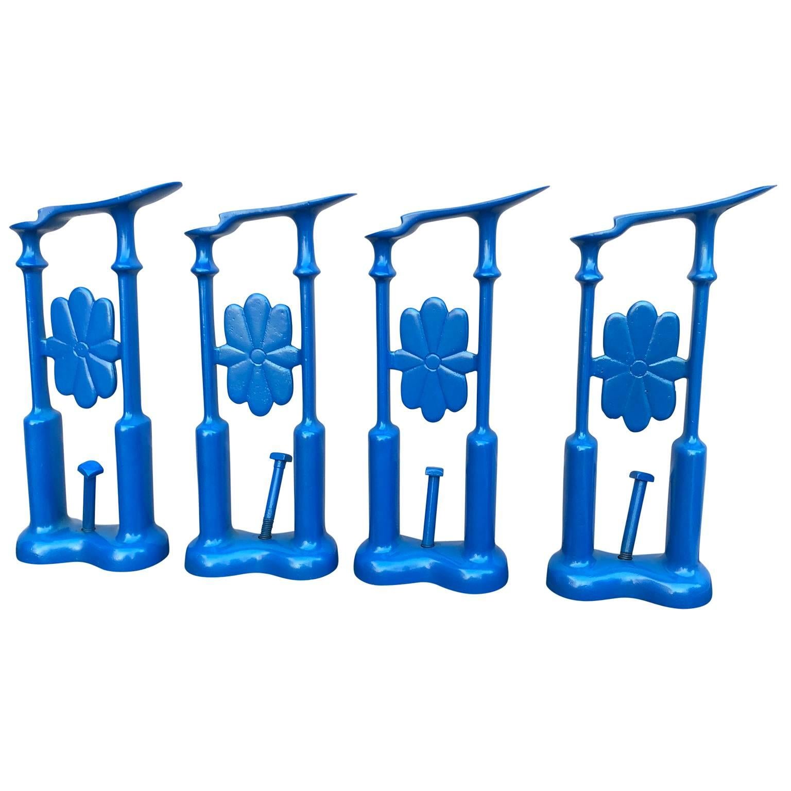 Set of 4 Decorative Blue Powder-Coated Cast Iron Shoe-shine Stands