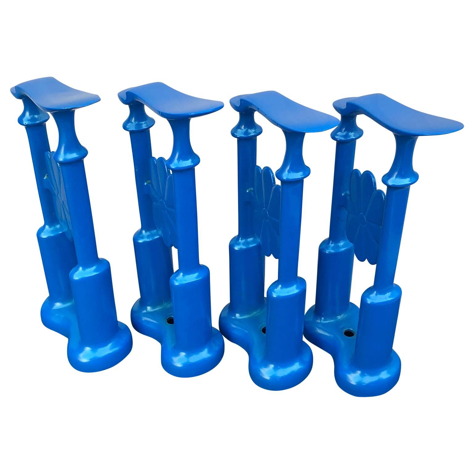 Folk Art Set Of Four Decorative Blue Powder-Coated Cast Iron Shoe-Shine Stands