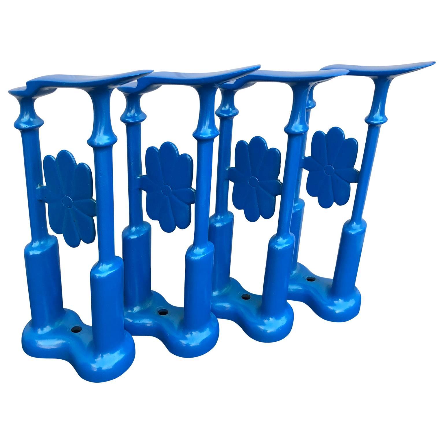 American Set Of Four Decorative Blue Powder-Coated Cast Iron Shoe-Shine Stands