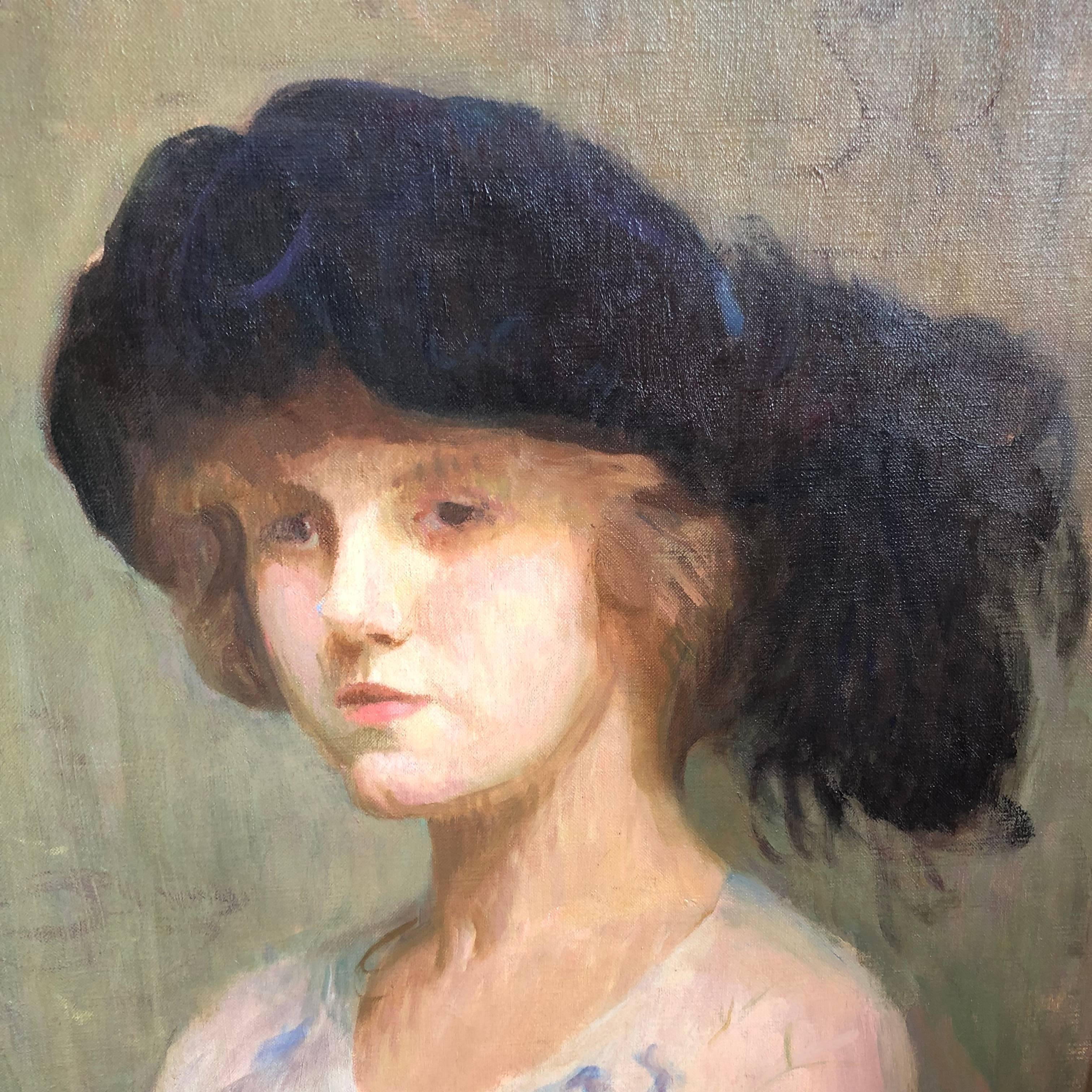 Impressionist portrait painting of a lady with a black hat by Joseph Sacks (1887-1973) 
(26 inches x 38 inches inside)

Painter. Born in Shavli, Russia on Sept. 1, 1887. Sacks arrived in Philadelphia when he was a boy. Following studies at the PAFA