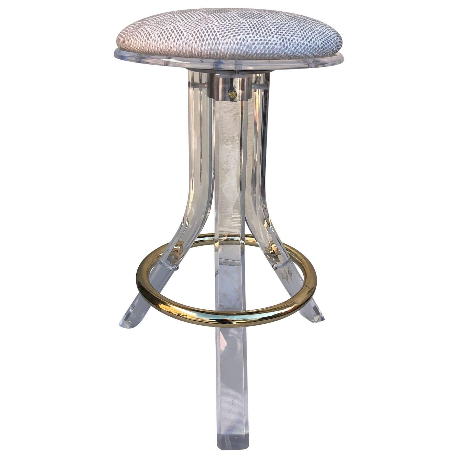 Mid-Century Modern Single 1970s Lucite Vanity or Bar Stool with Brass Hardware