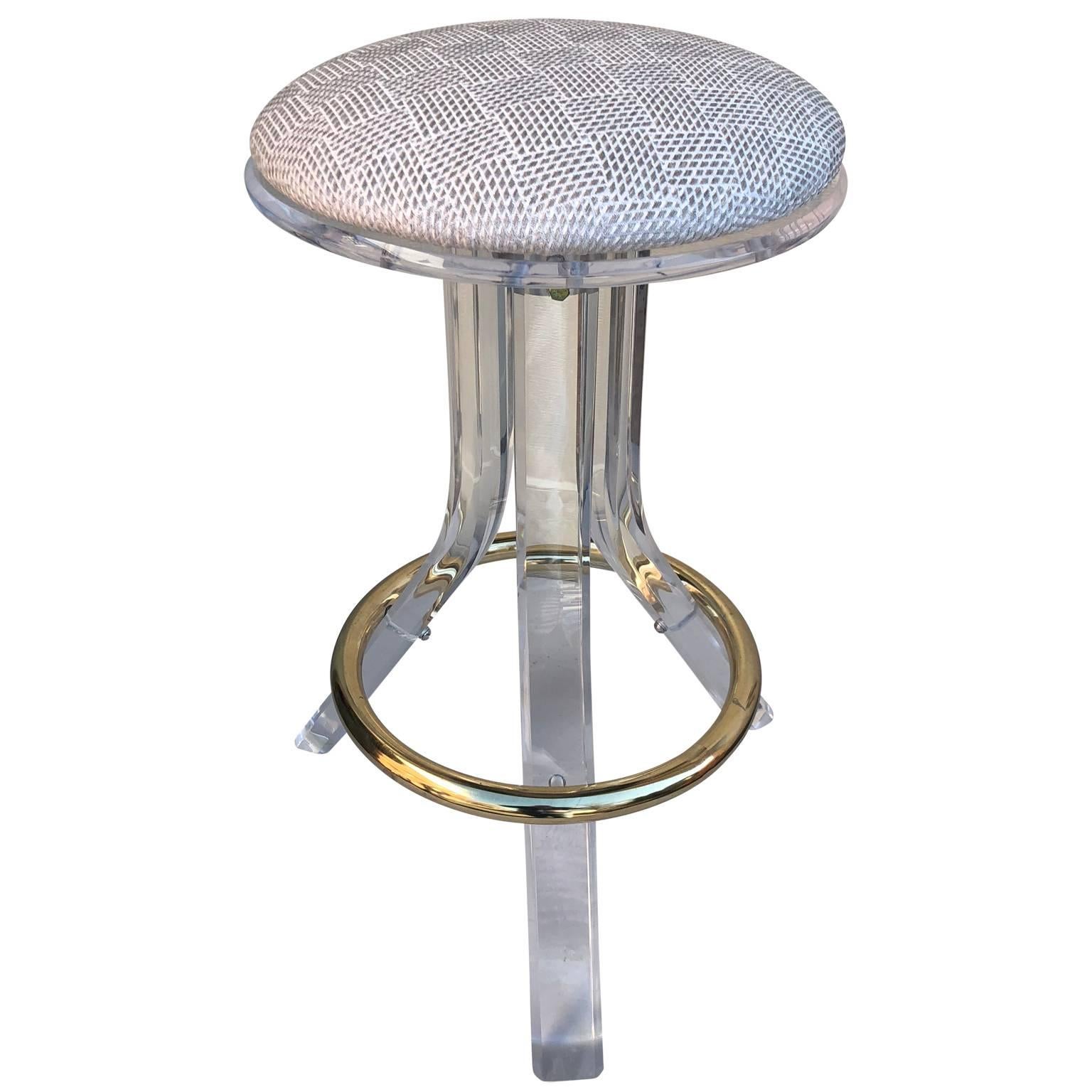 Hand-Crafted Single 1970s Lucite Vanity or Bar Stool with Brass Hardware