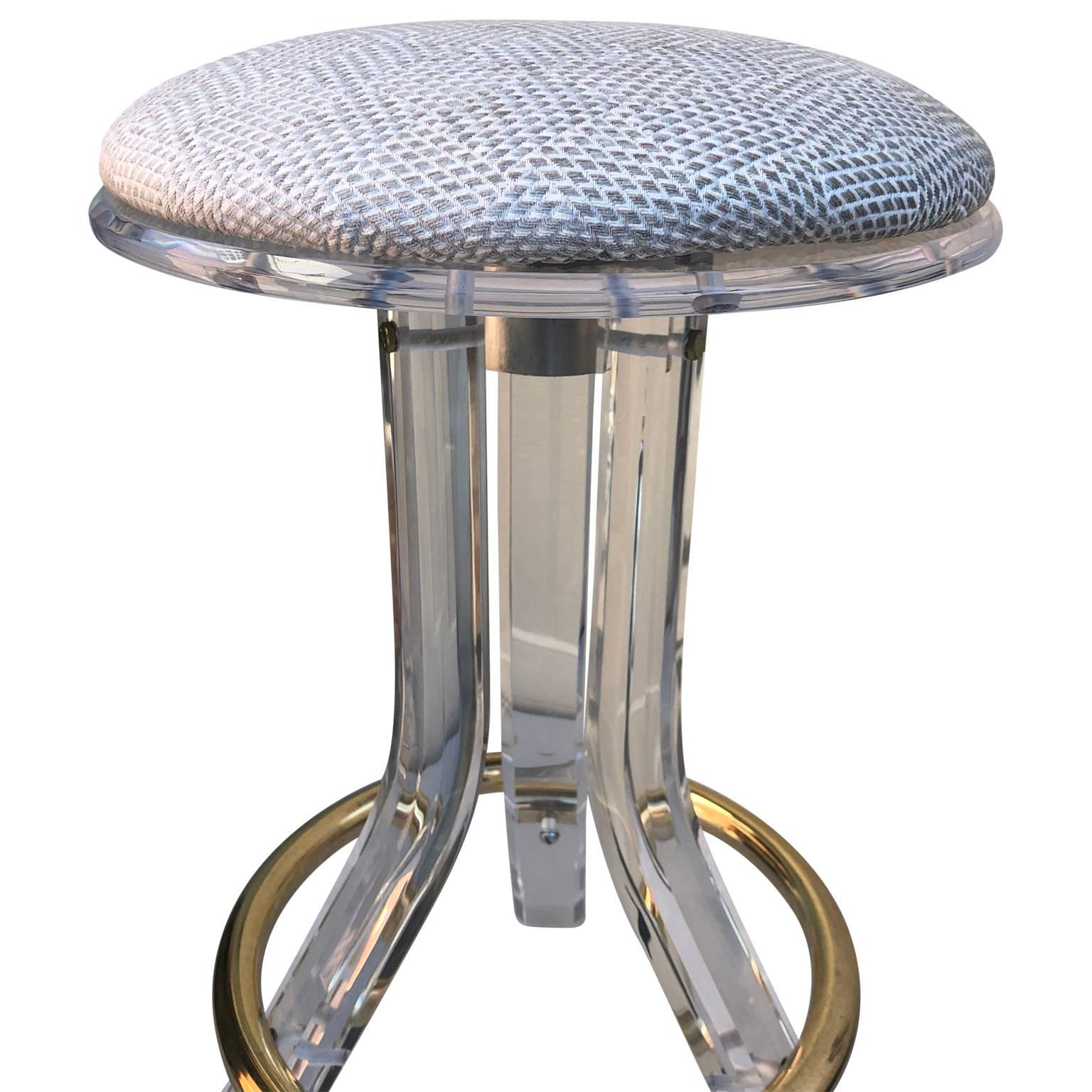 Italian Single 1970s Lucite Vanity or Bar Stool with Brass Hardware