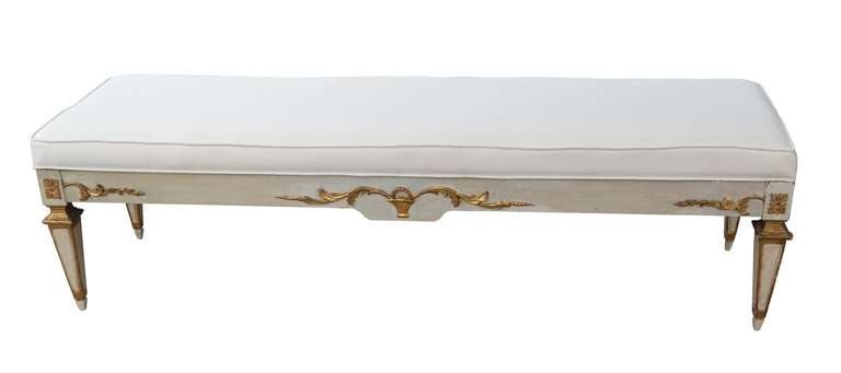 Large gilded and upholstered Italian neoclassic wooden bench
 
 