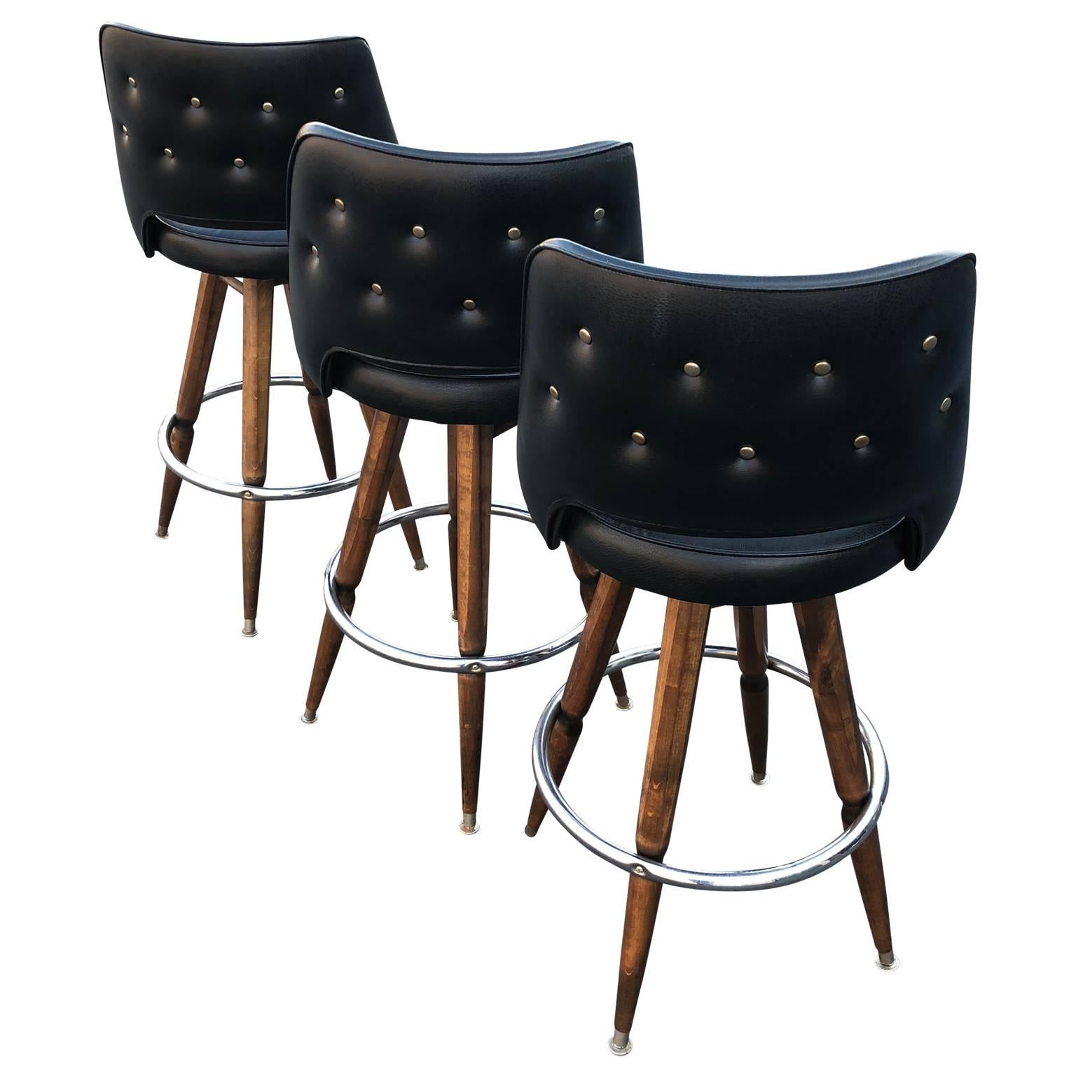 Three Black Faux-Leather Bar Stools, recently re-upholstered in vegan white fabric (faux suede).
Revised images TBD