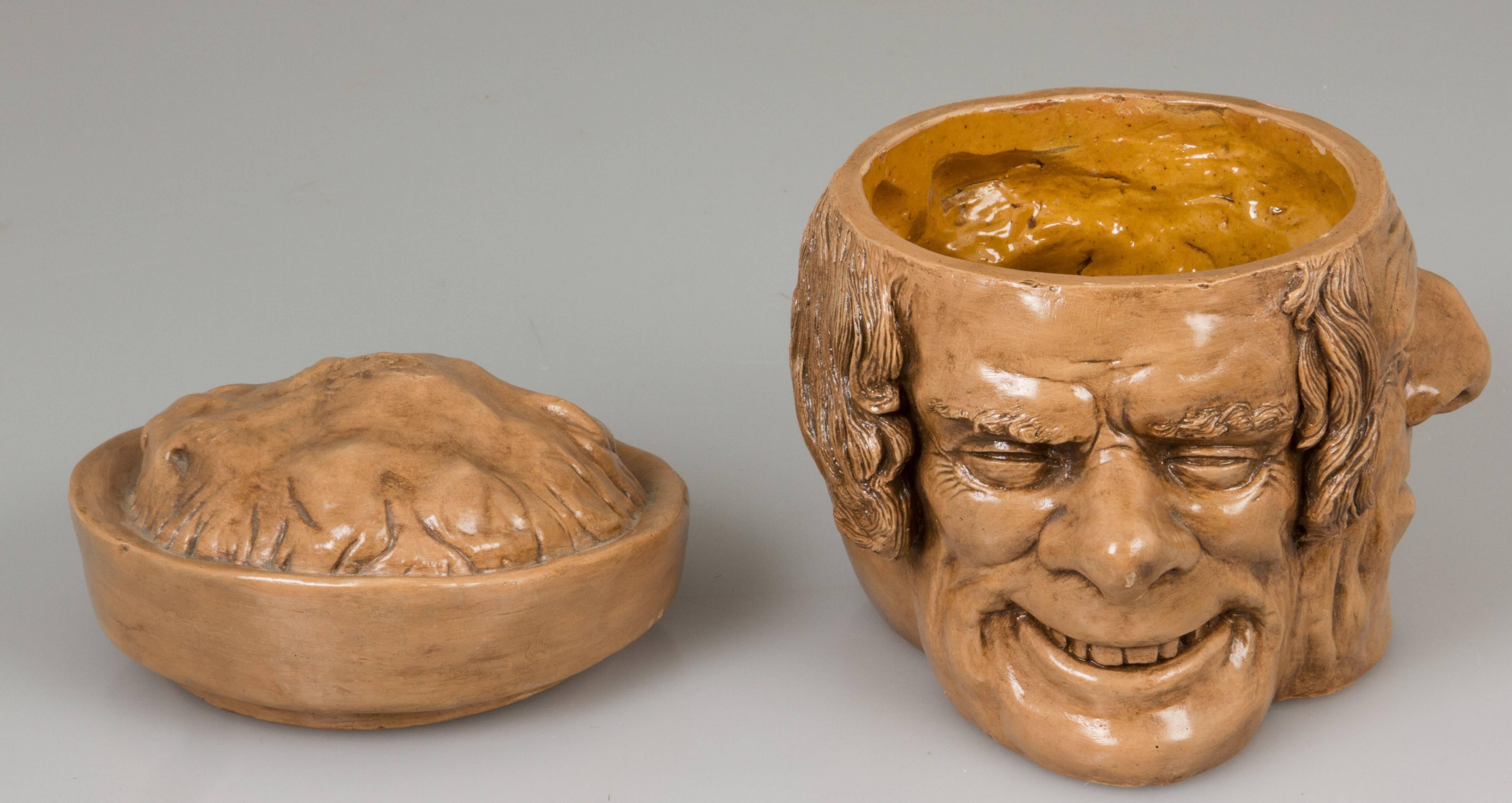 Unusual Antique Figural Three-Headed Ceramic Tobacco Jar For Sale 1
