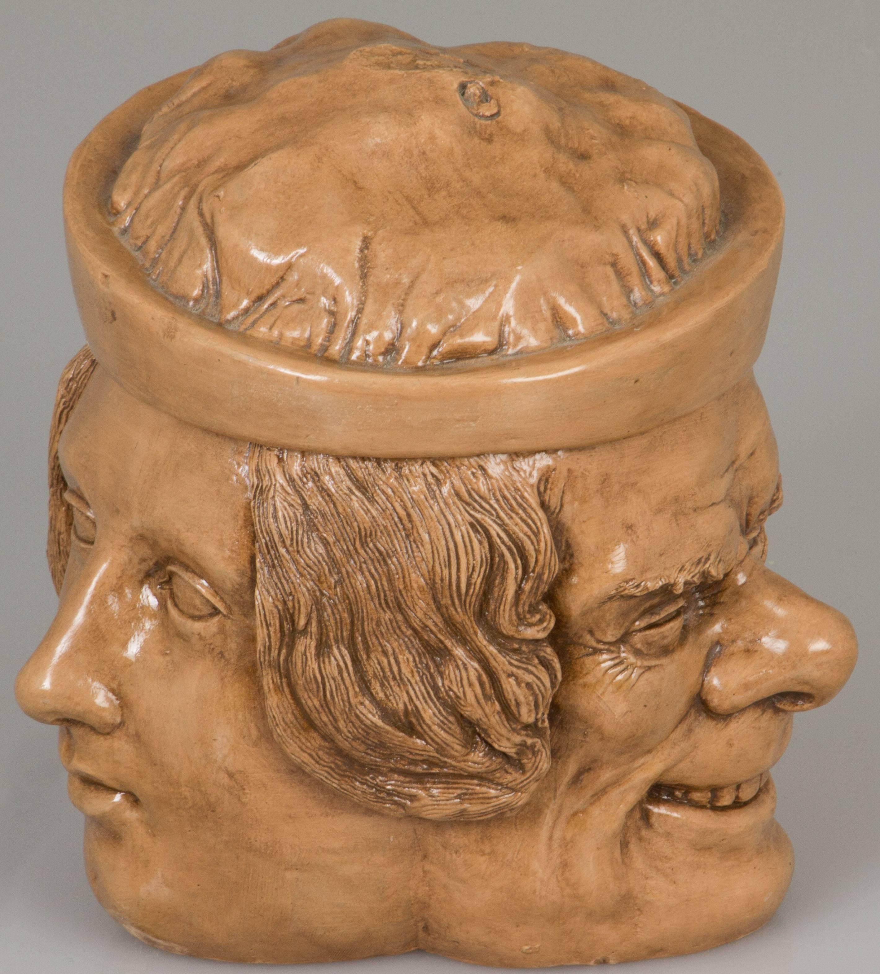Late 19th Century Unusual Antique Figural Three-Headed Ceramic Tobacco Jar For Sale