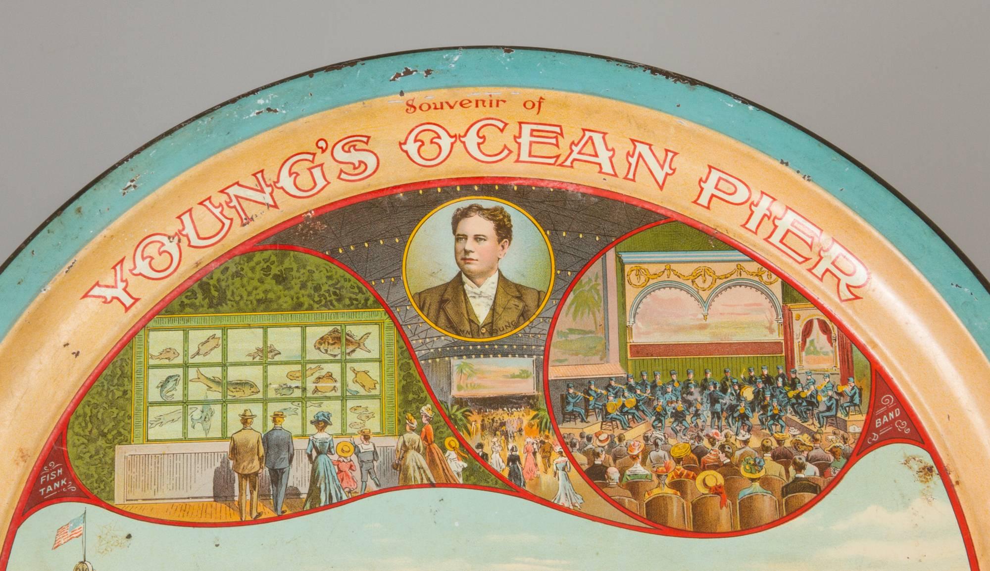 Young's Ocean Pier Antique Tin Litho Beer Tray In Good Condition For Sale In Chicago, IL