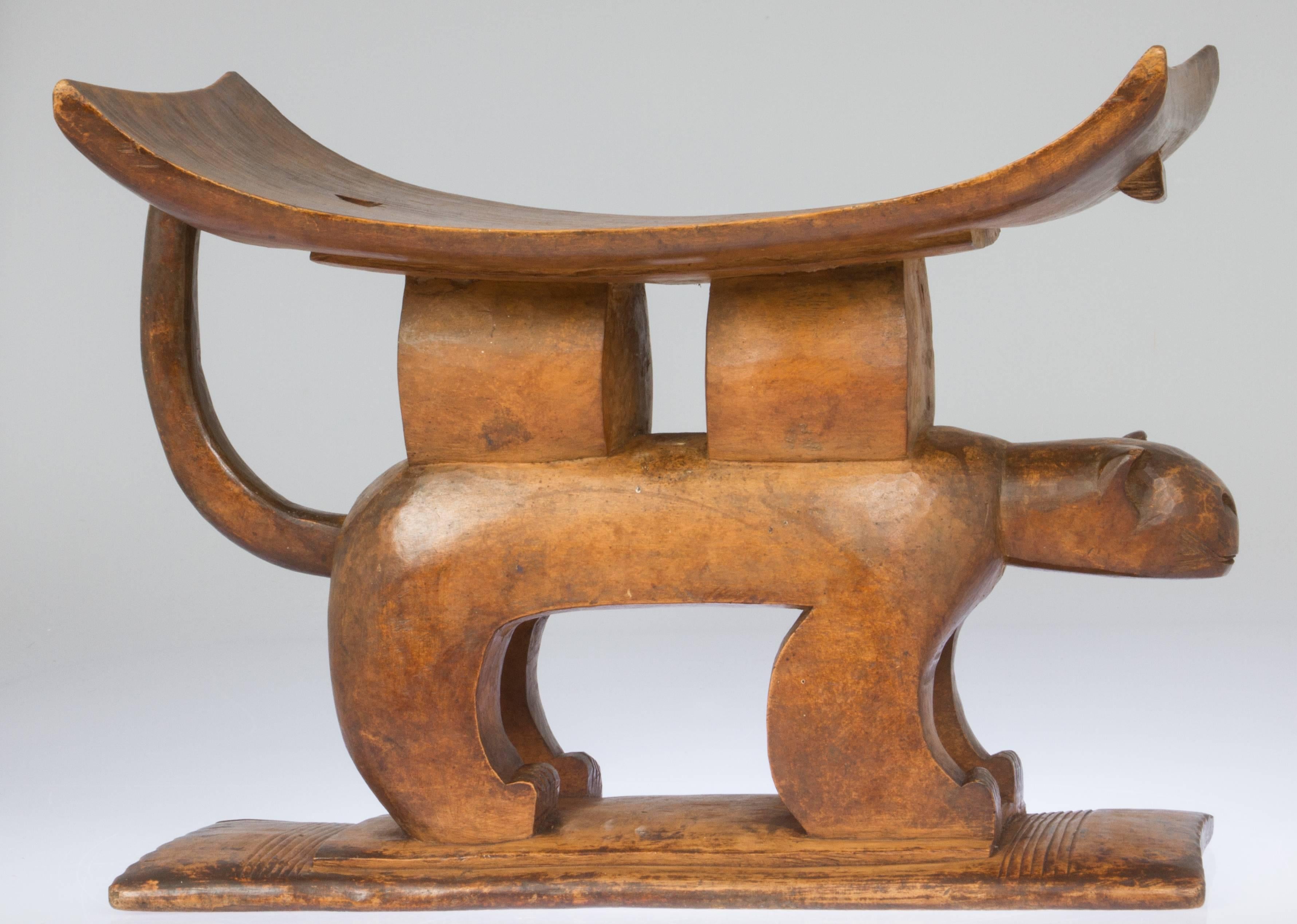 Early 20th Century African Chief Stool with Cat Motif