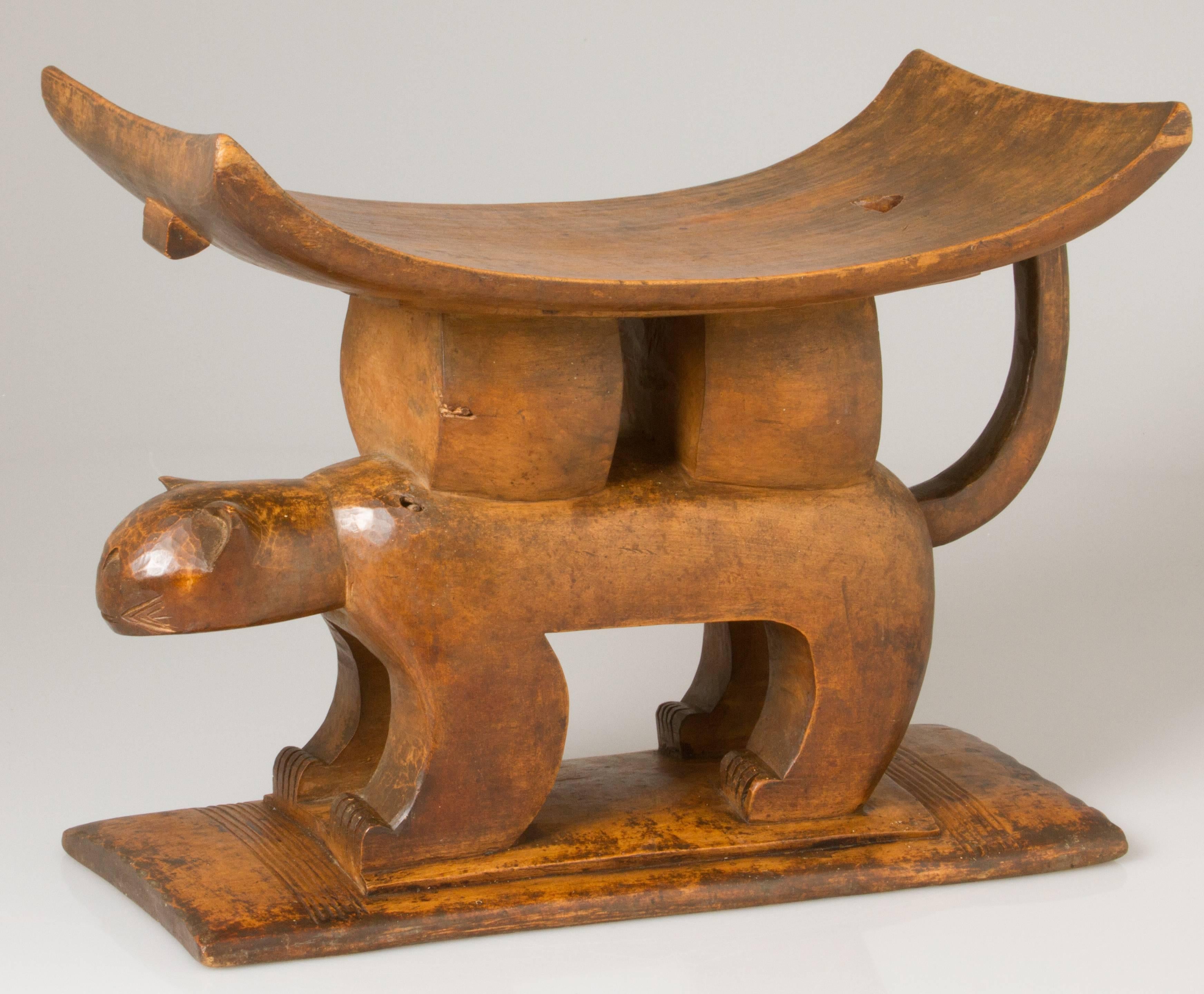 Wood African Chief Stool with Cat Motif