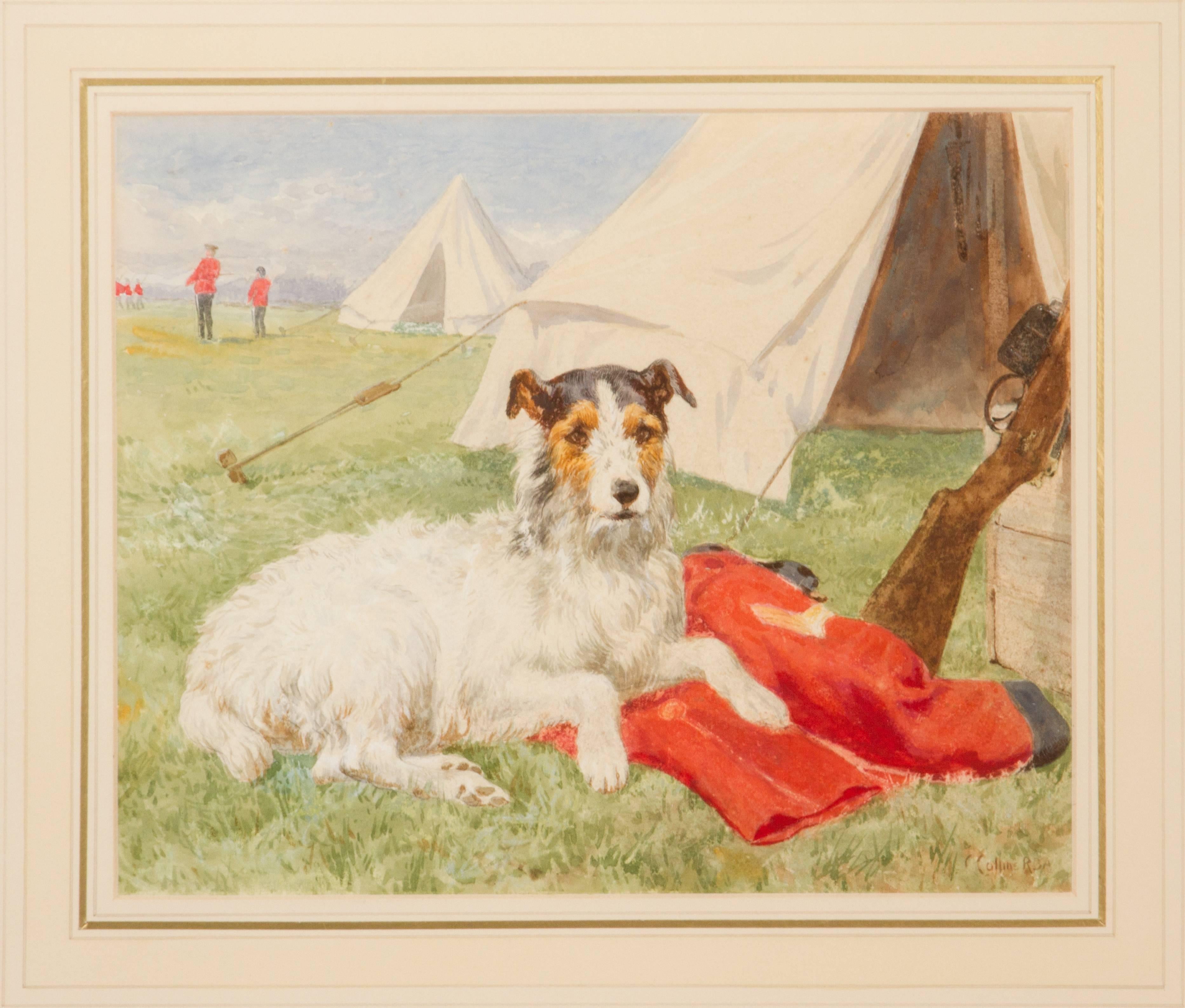 This is a lovely watercolor of a terrier sitting on his owners jacket. Painted by Charles Collins of the royal society of British artists.