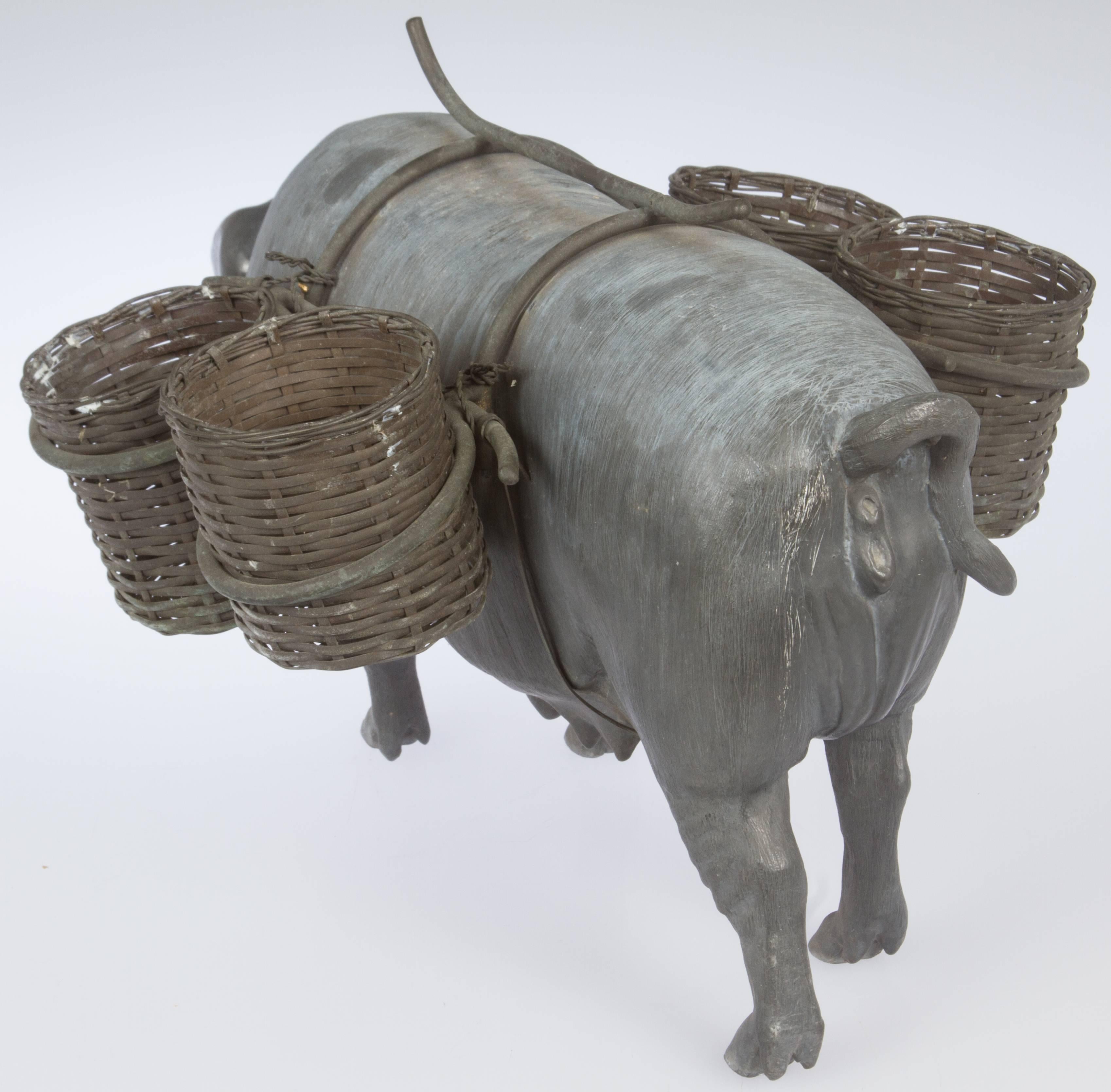 Pewter Pig with Woven Baskets In Excellent Condition For Sale In Chicago, IL