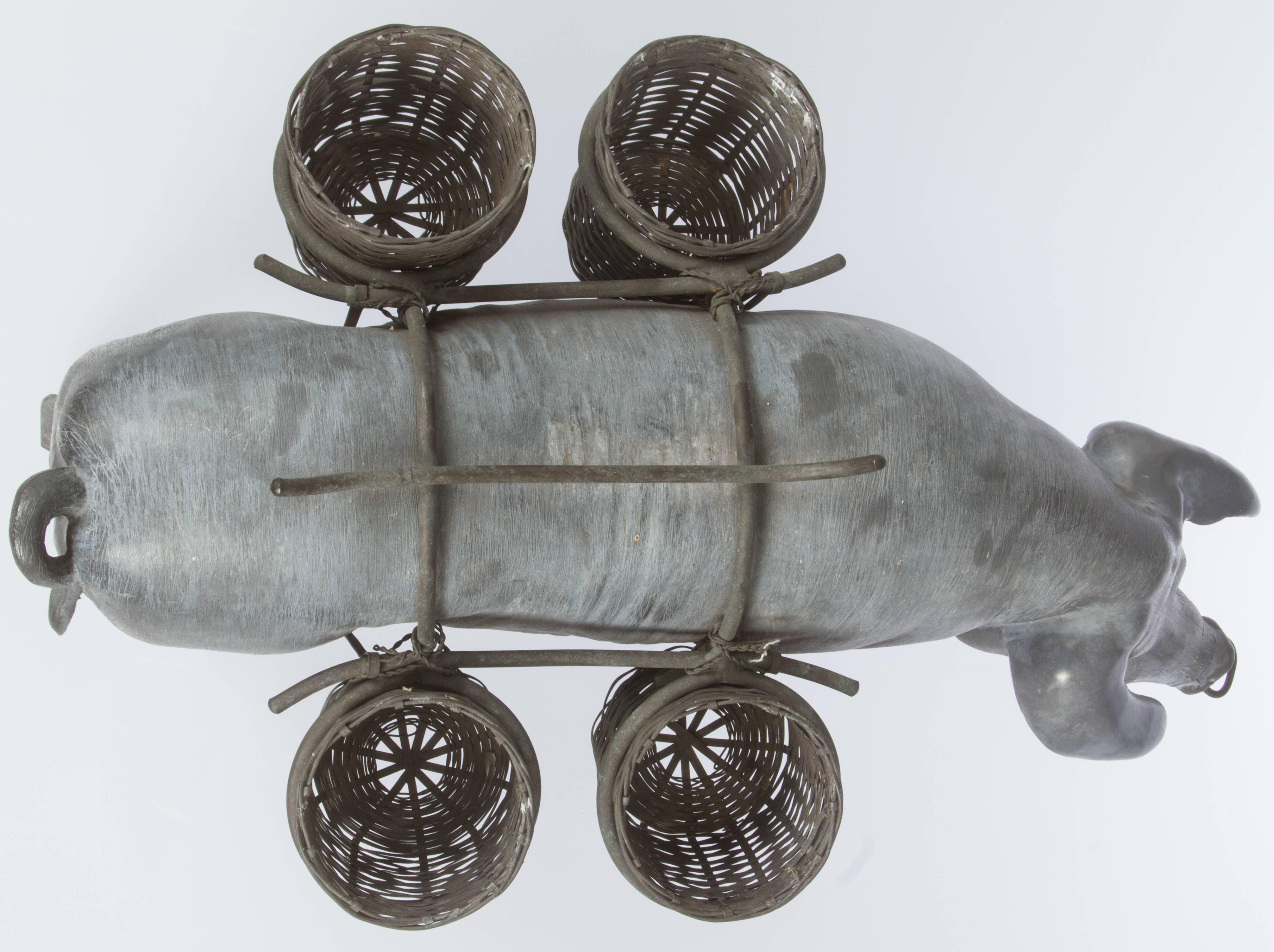 Mid-20th Century Pewter Pig with Woven Baskets For Sale