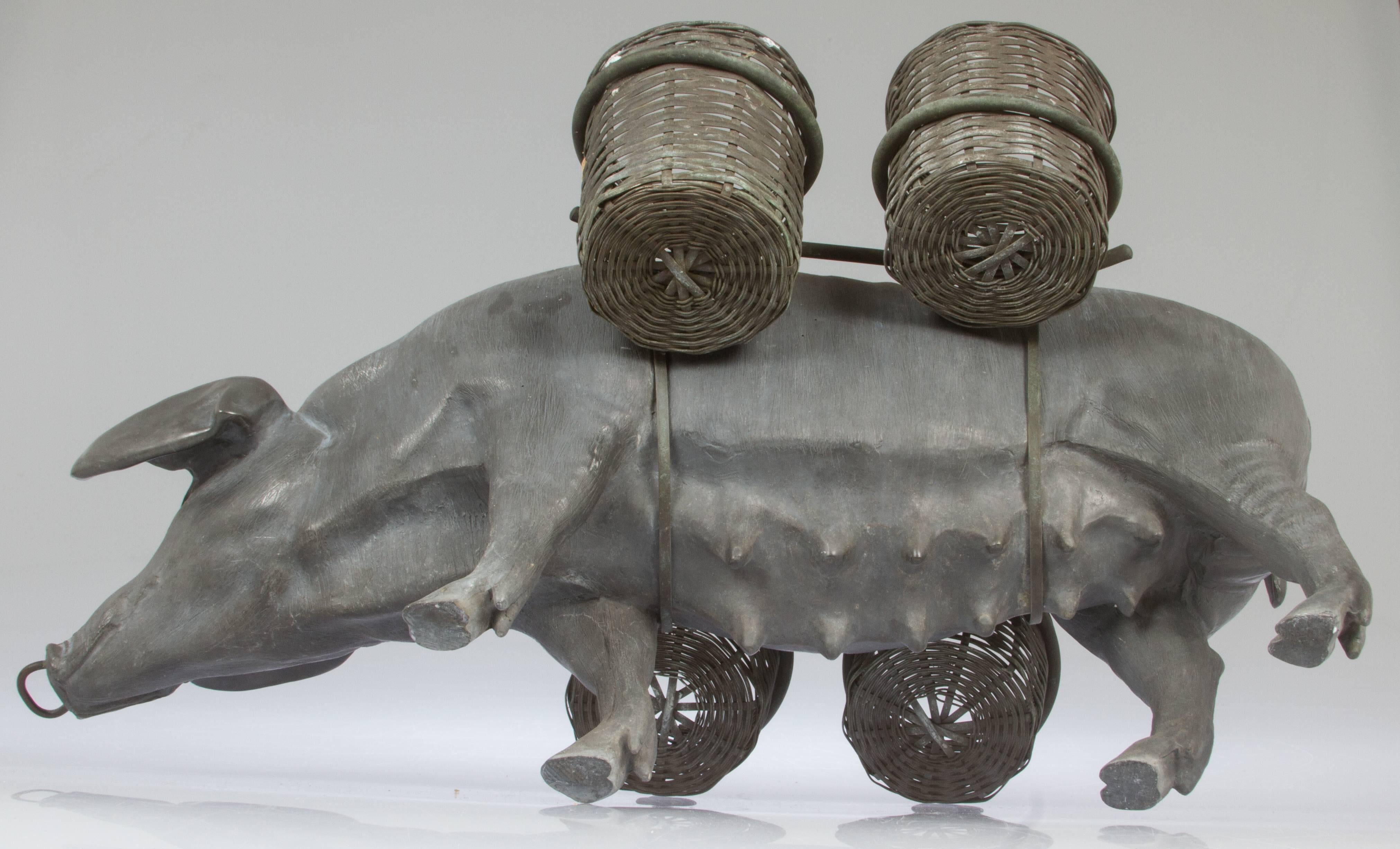 Pewter Pig with Woven Baskets For Sale 1