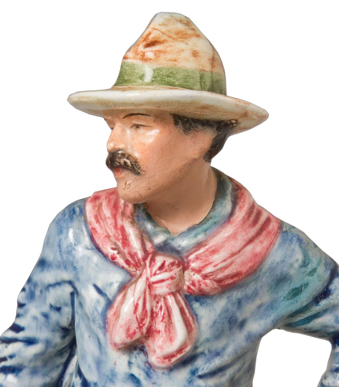 German Majolica Teddy Roosevelt Roughrider Smokestand For Sale 1