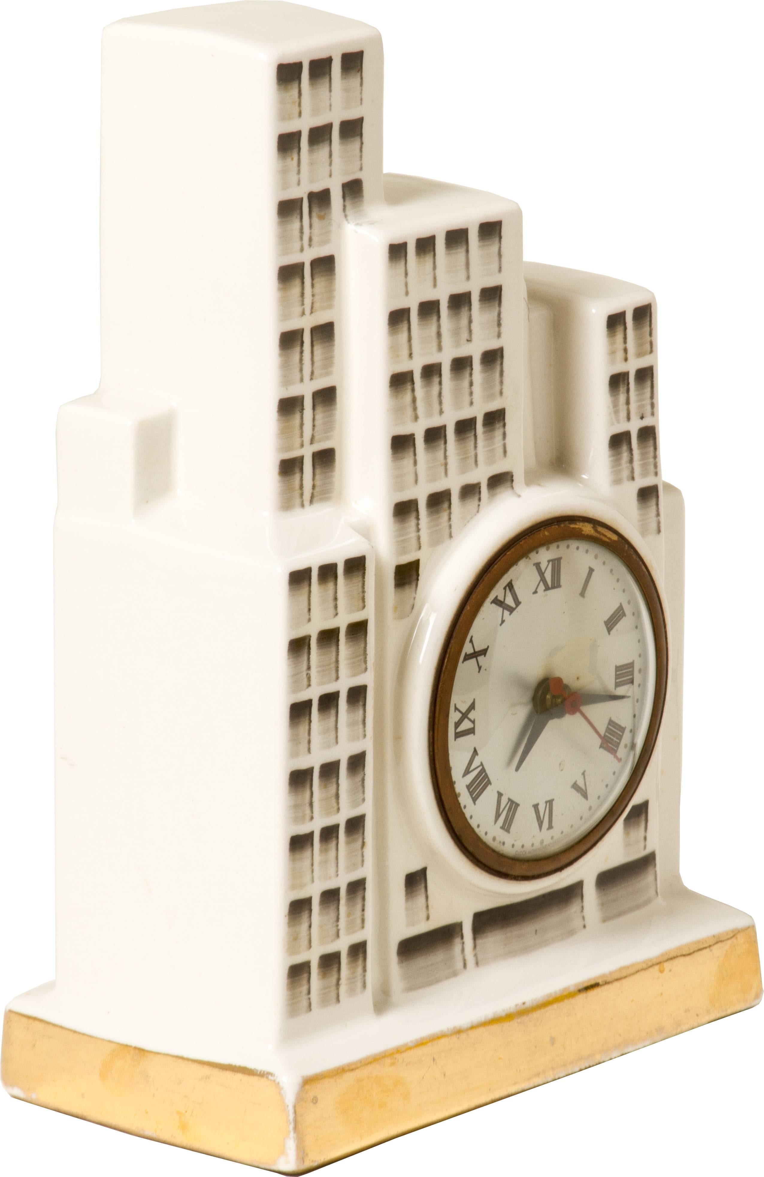 American Art Deco Ceramic Skysraper Clock For Sale