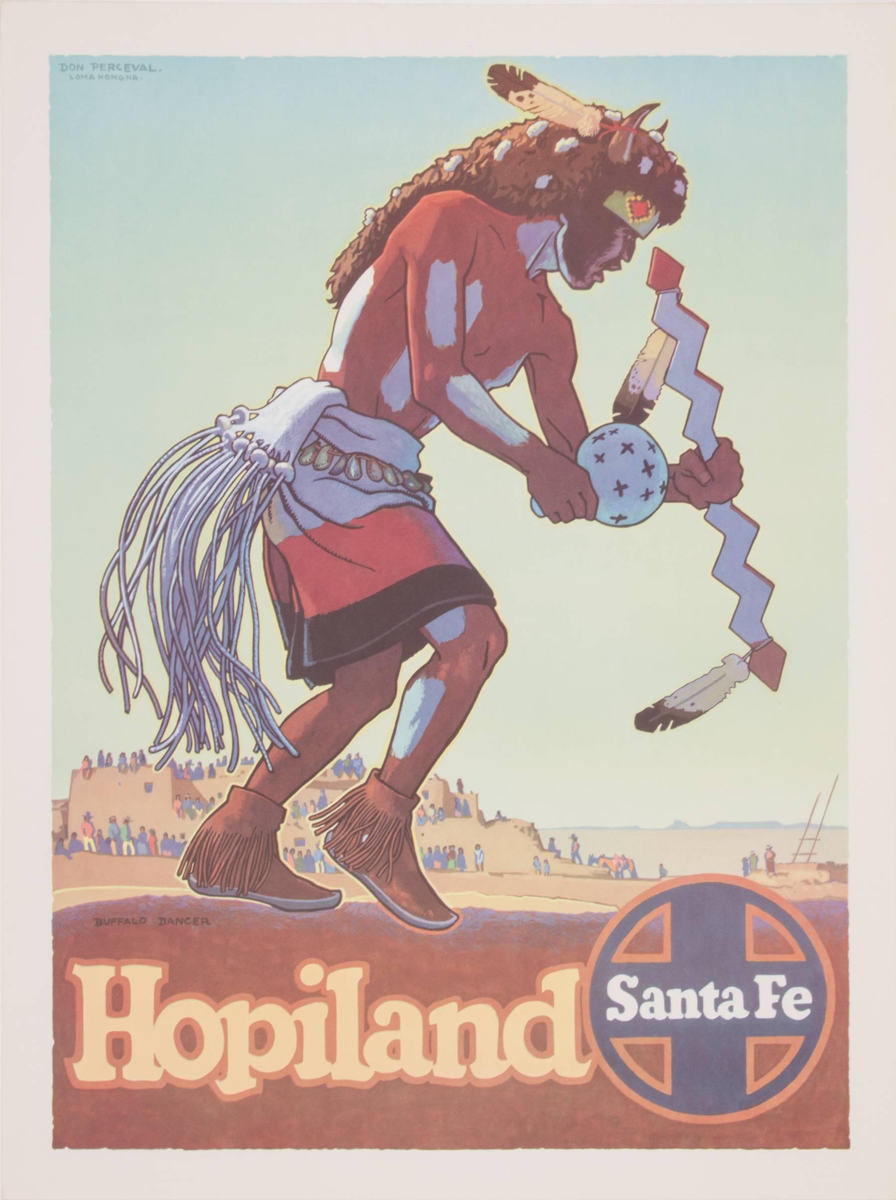 Depicting the buffalo dancer, this is a rare poster by Don Perceval for the Sante Fe Railroad.