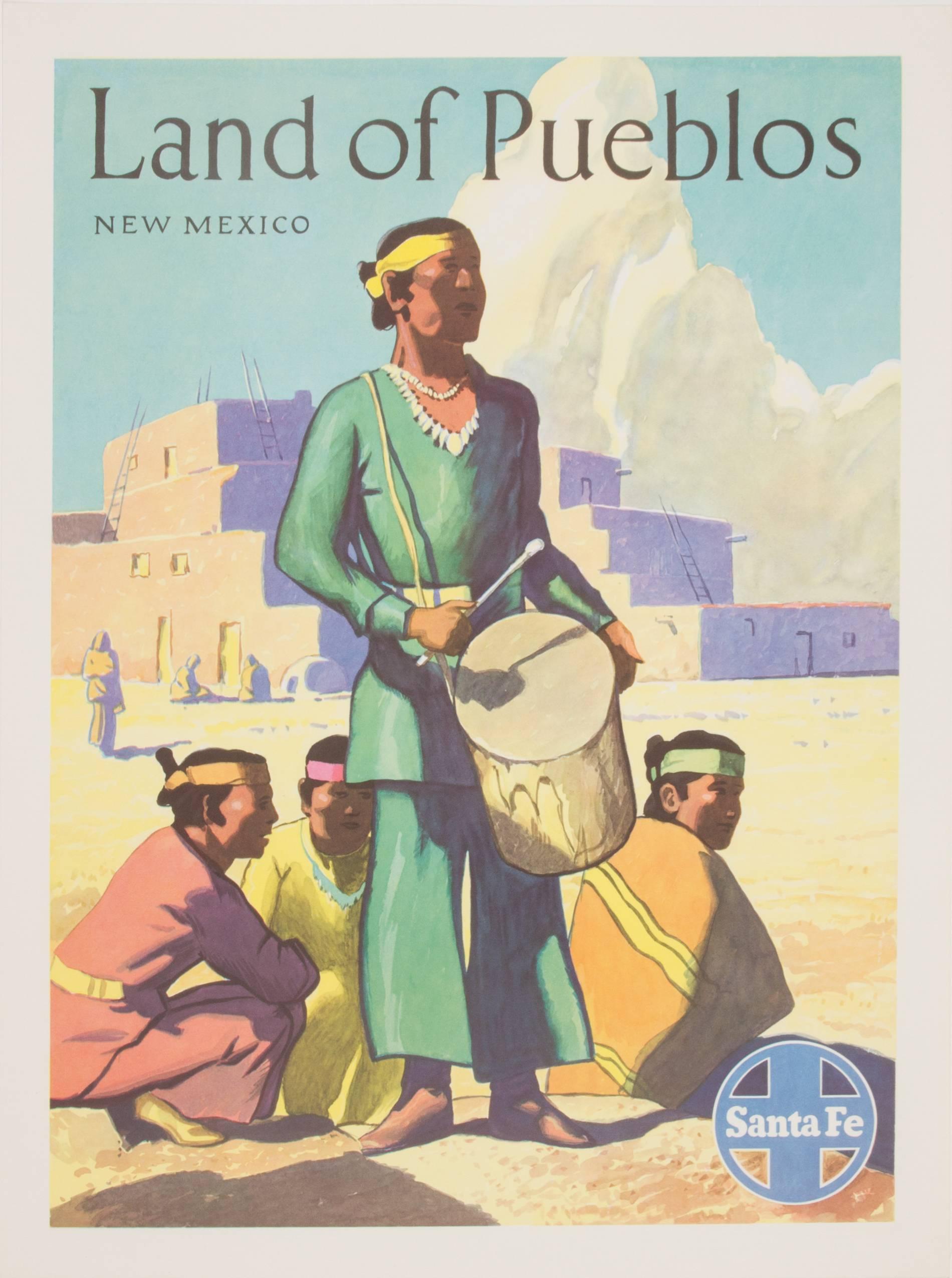 This is a travel poster promoting New Mexico 'the land of the Pueblos'.