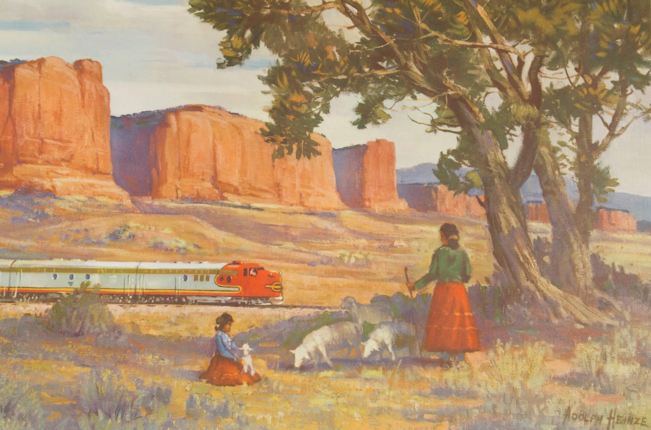This is an original vintage travel poster by Adolph Heinze of the red cliffs of New Mexico.
Copyrighted 1955, The Atchison, Topeka and Santa Fe Railway is printed on the lower right.
  