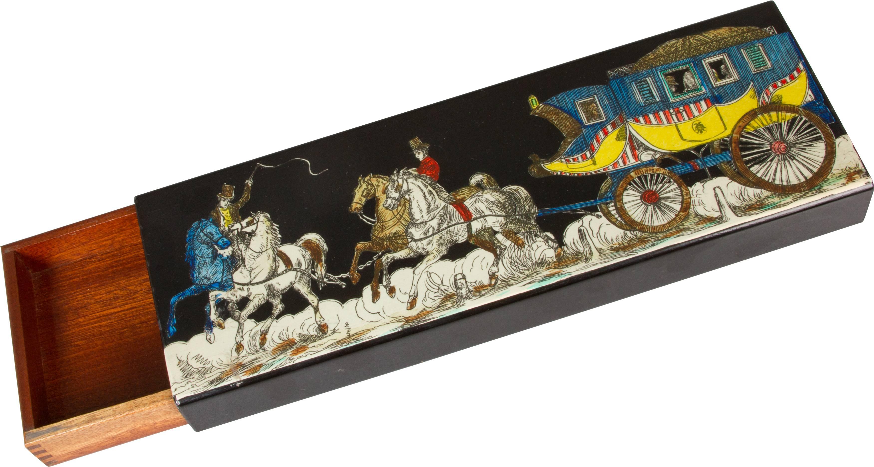 Horses drawing a carriage are depicted here in this sliding wooden box.