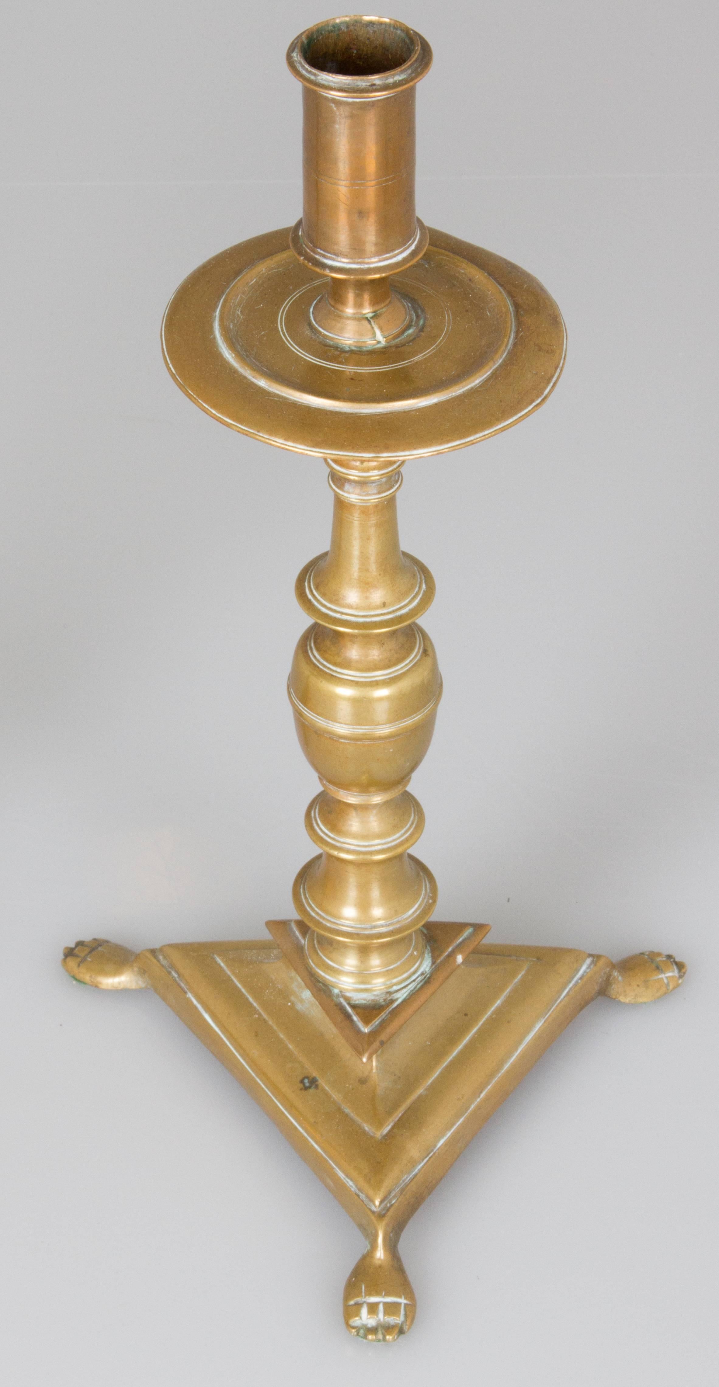 19th Century Two Near Pairs of Brass Footed Candleholders