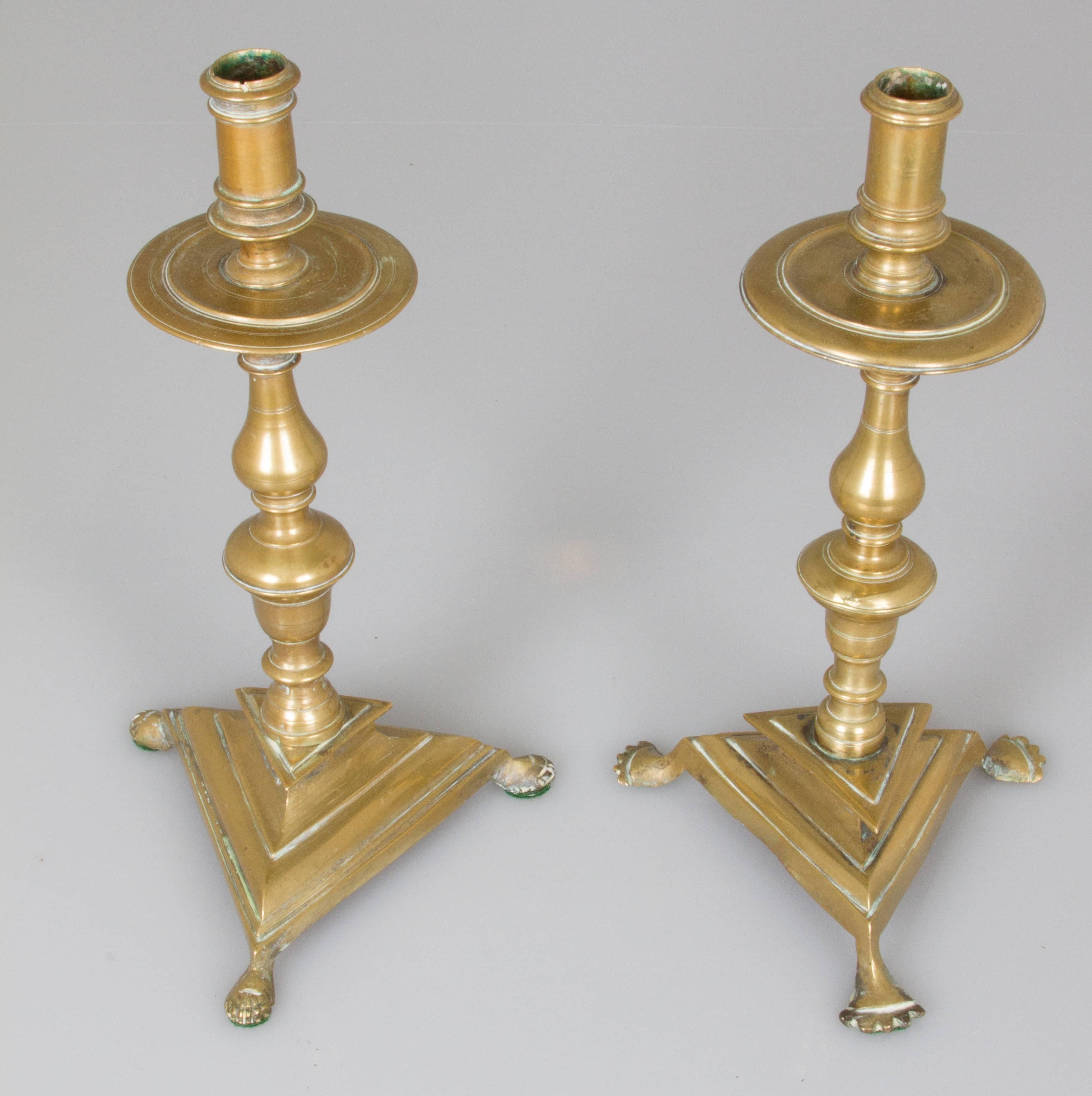 Two Near Pairs of Brass Footed Candleholders In Good Condition In Chicago, IL