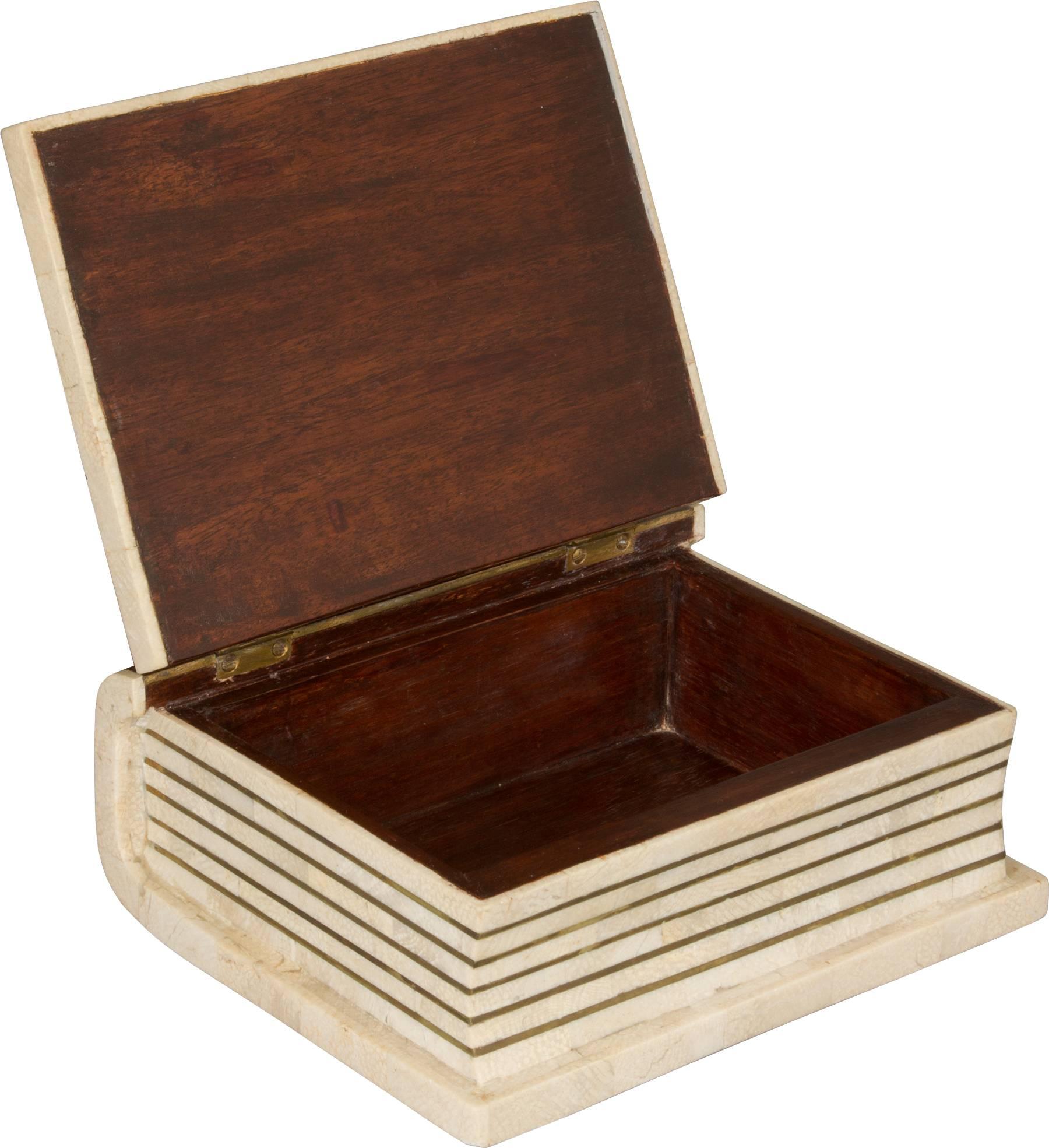 This is a tessellated stone box with brass detailing and a wood interior liner.