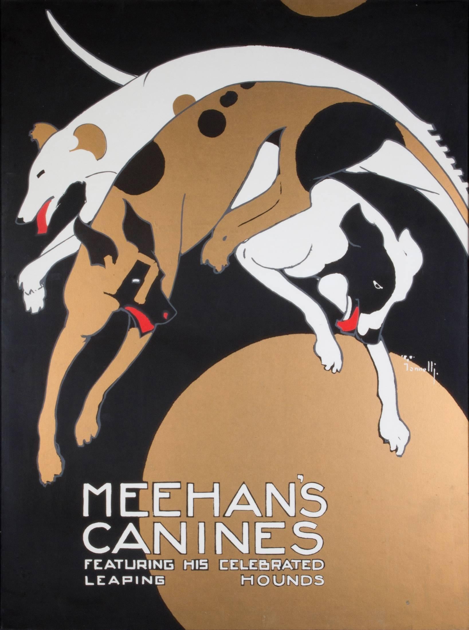 Celebrating one of the best dog acts, the leaping hounds, which Iannelli captures in this poster. Meehan's Canines performed nationally from 1904-1922, the piece was originally designed in 1914. This piece is originally from the early 1970s.