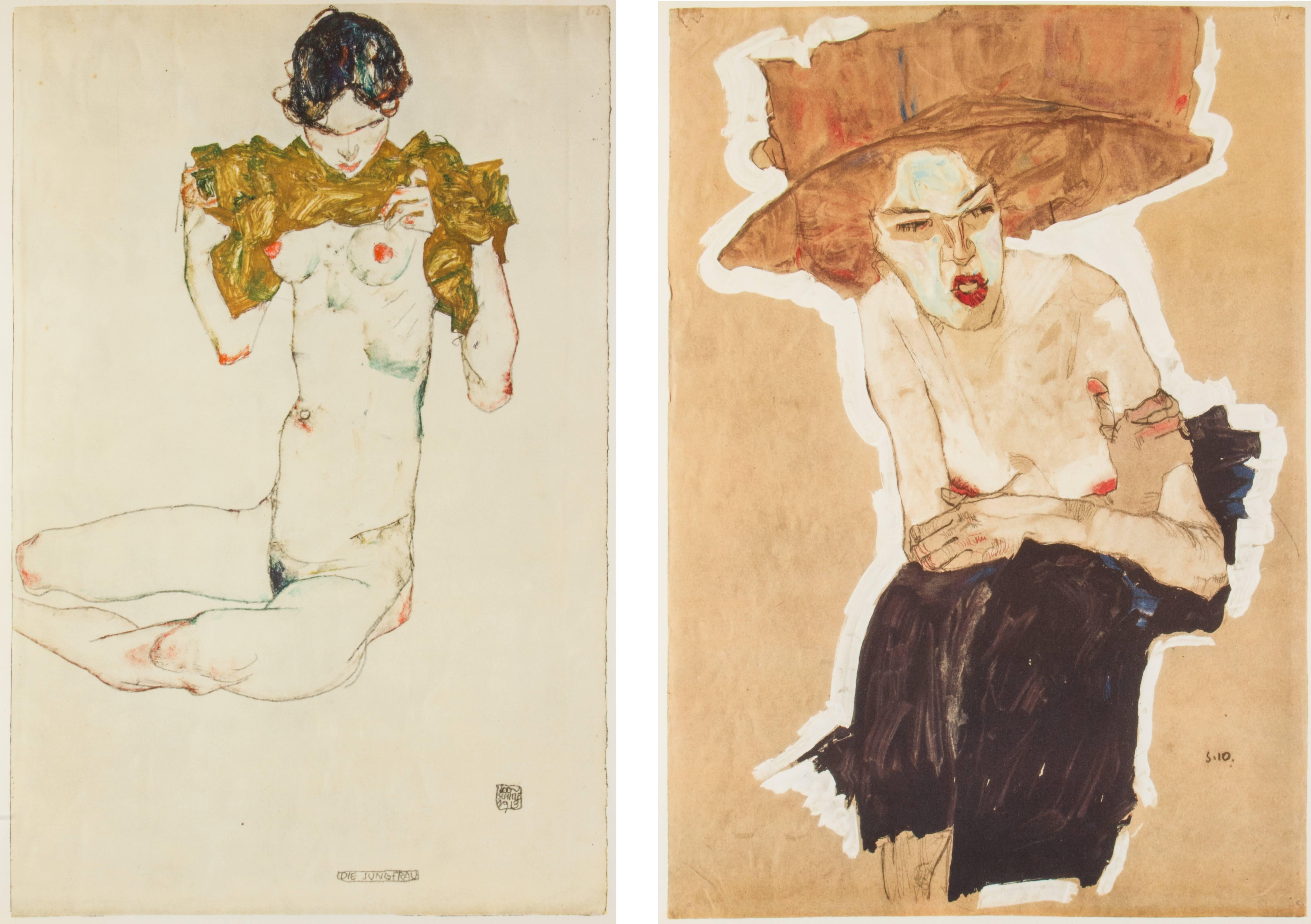 A hardcover bound, large format book containing introductory text and 64 collotype prints, most are in color, of Egon Schiele's watercolors and drawings.
Schiele's artistic talent was apparent very early age and was admitted to the Vienna Academy