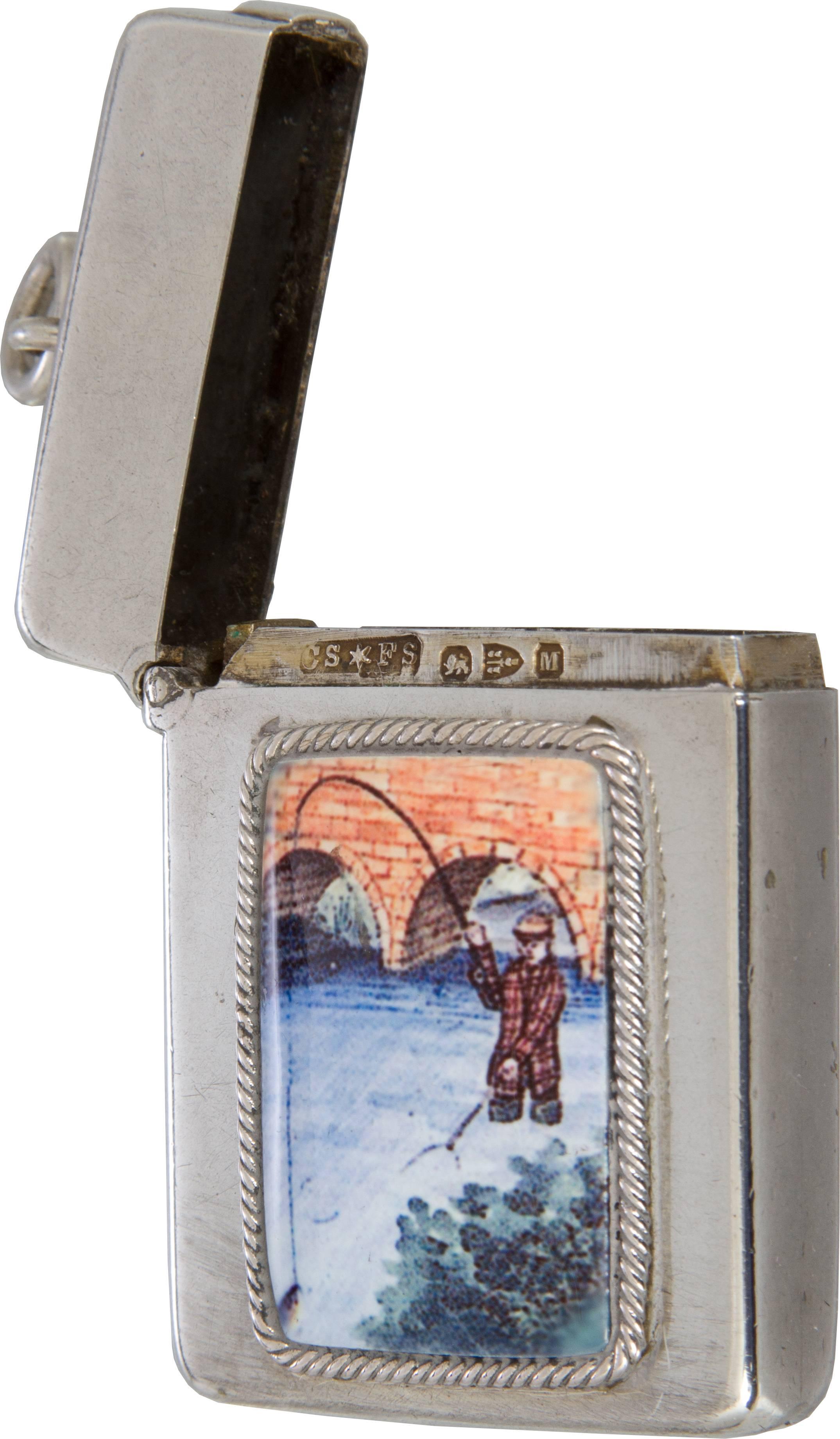 English Enamel on Silver Fly Fisherman Matchsafe