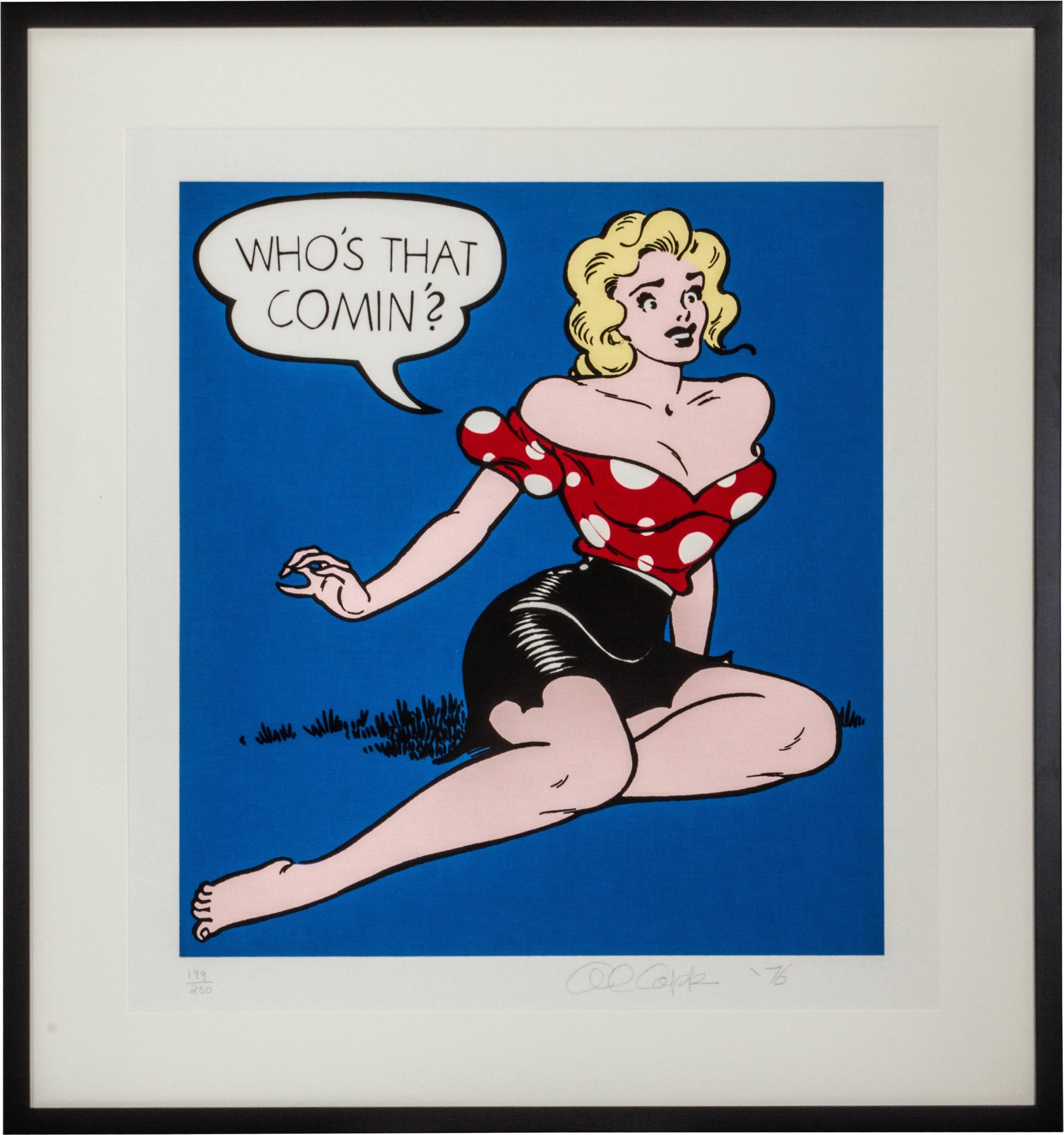 This is a fun depiction of Daisy Mae from the Little Abner series by Al Capp (American, 1909-1979). Who's That Comin'? is a color serigraph on linen paper, pencil numbered 199/250 and pencil signed and dated 1976. Measures: Sight: 22