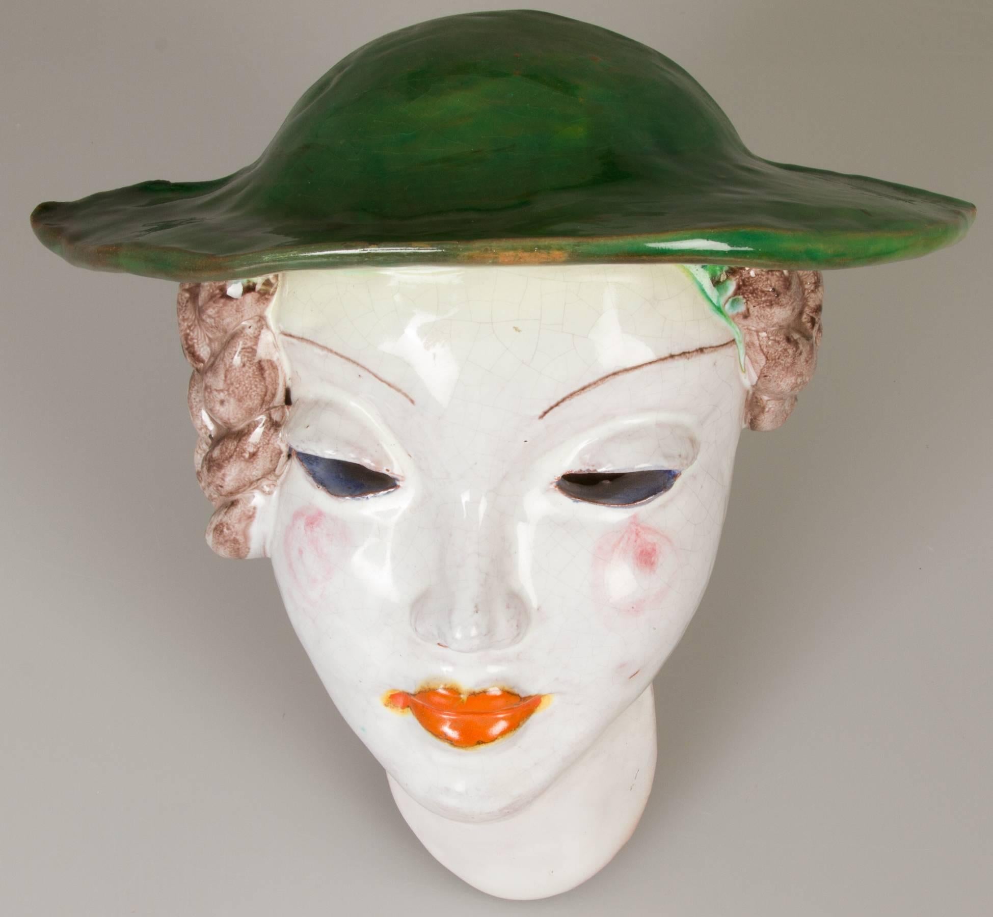 Mid-20th Century Austrian Art Deco Ceramic Women with Green Hat