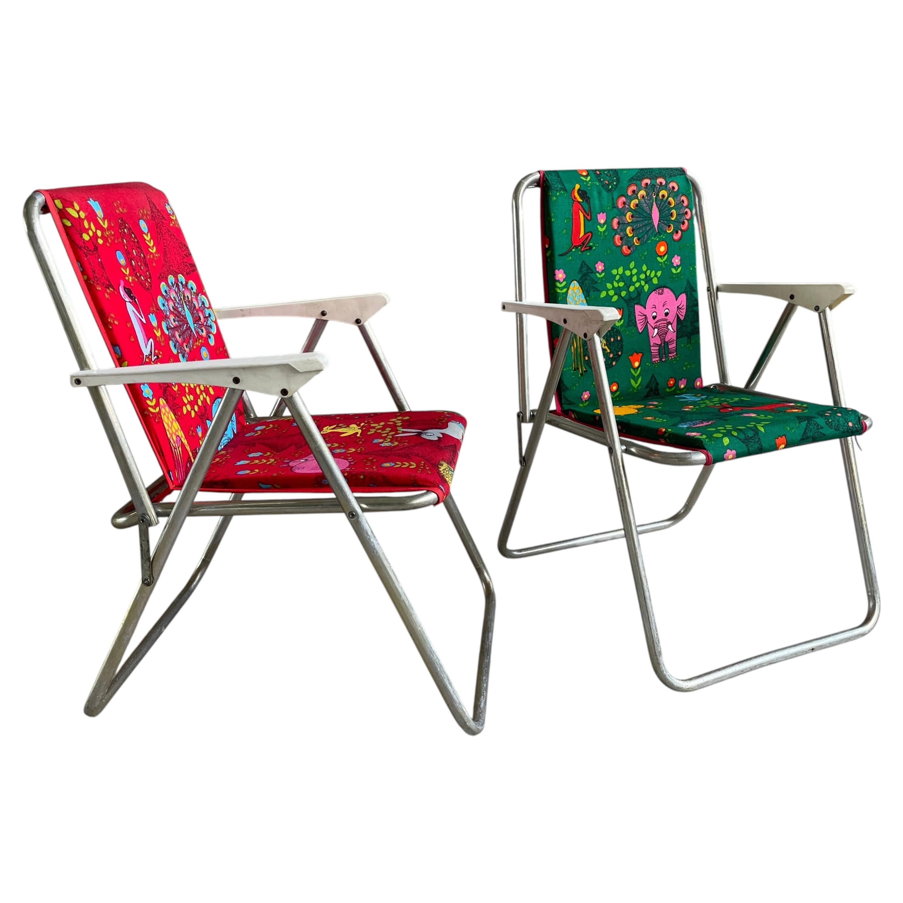 Pair of colourful Mid Century Children’s Folding Camping Chairs For Sale