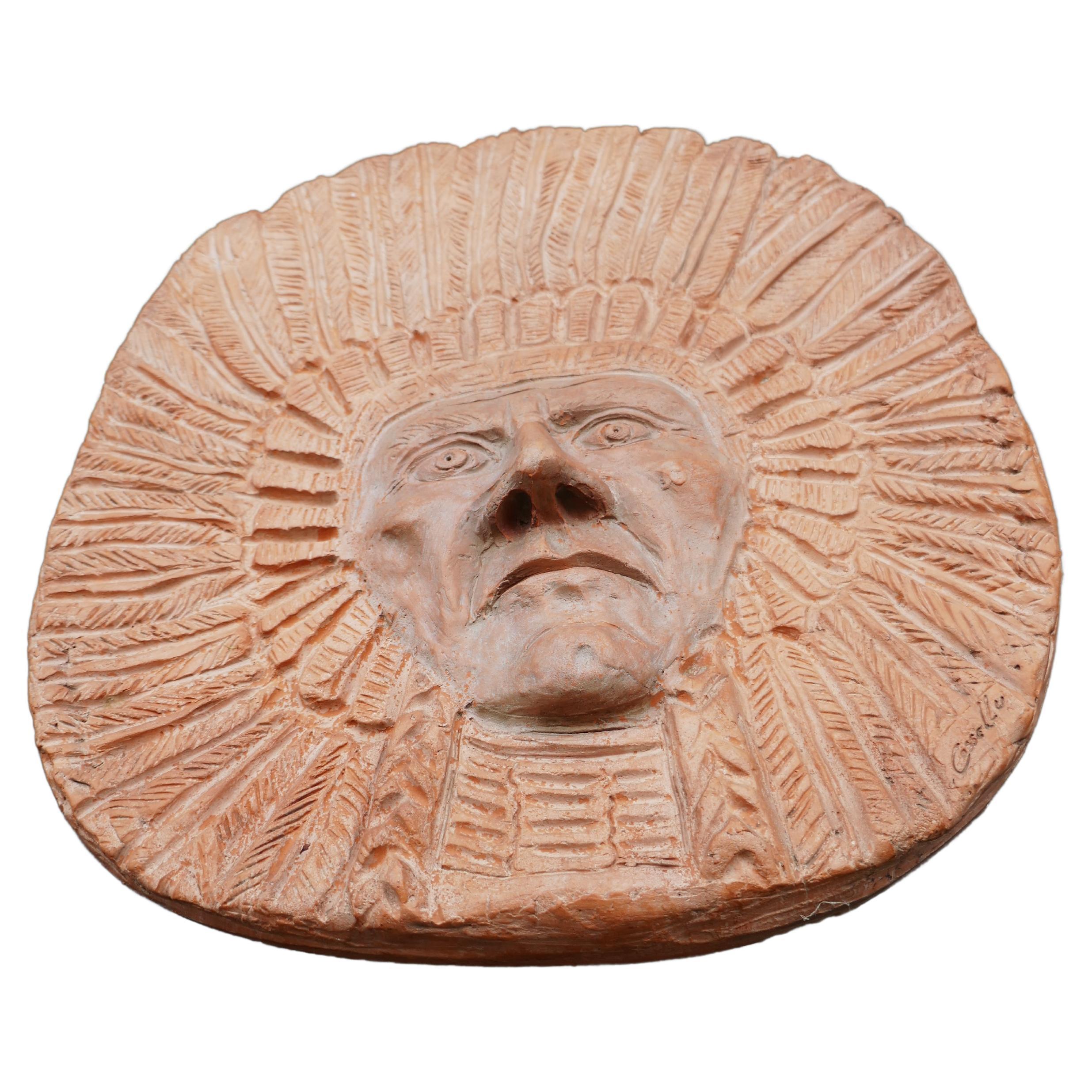 Folk Art Terracotta sculpture by Roberto Cossellu - Sitting Bull? Indian For Sale
