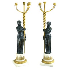 Pareja de Candelabros Luis XVI de Bronce, Ormolina y Mármol Estatuario