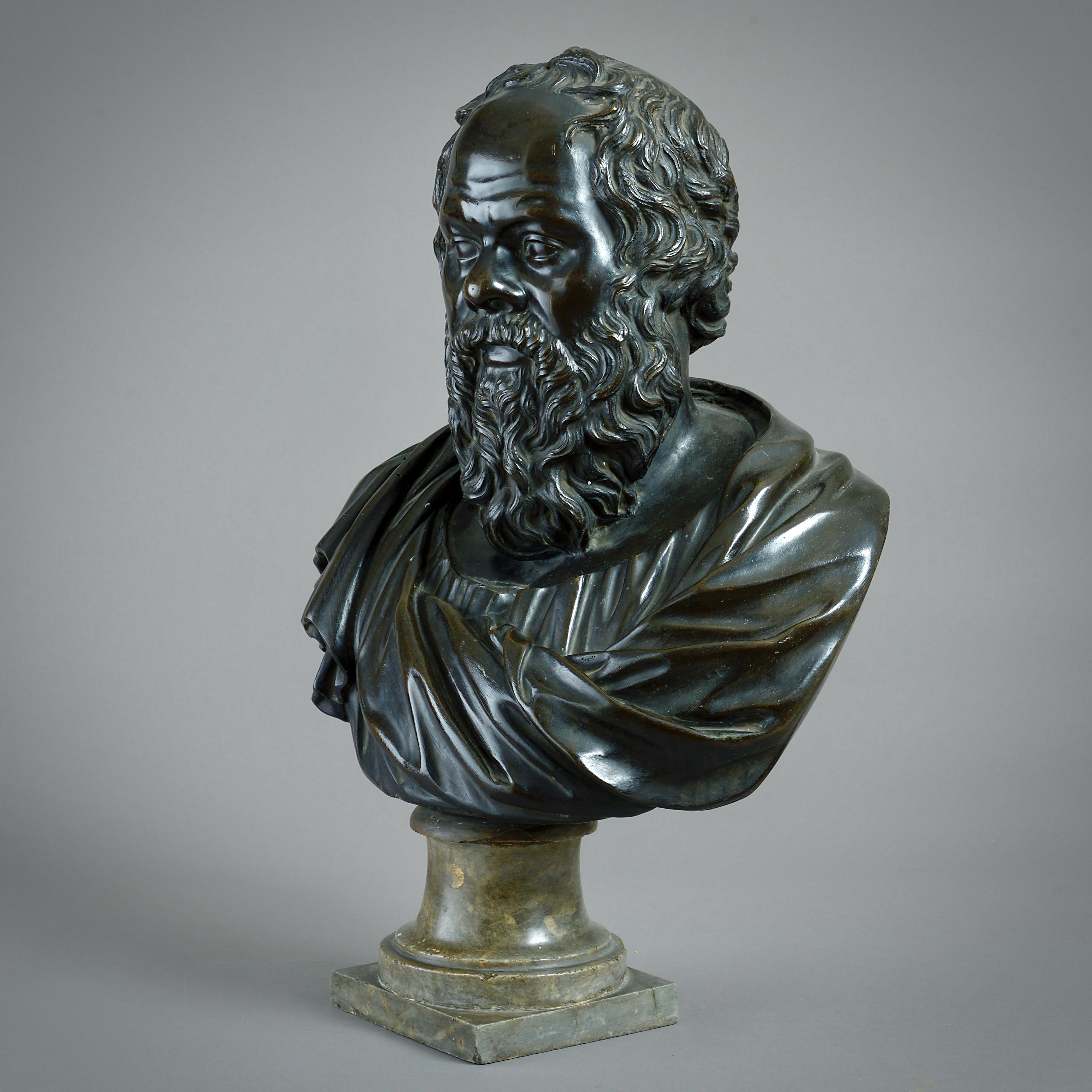 FRENCH SCHOOL, LATE 17TH / EARLY 18TH CENTURY.

A BRONZE BUST OF SOCRATES, AFTER THE ANTIQUE.

On its original Bardiglio marble socle.