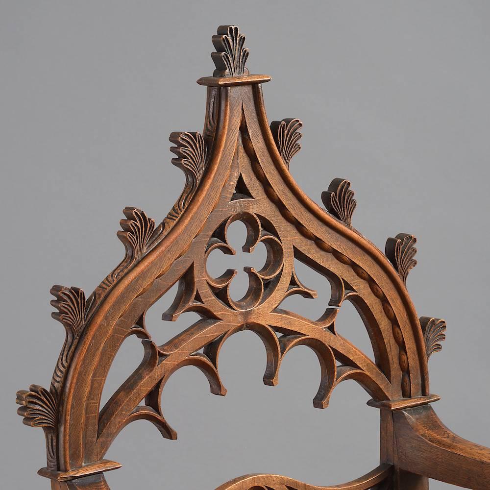 English Pair of William IV Gothic Oak Armchairs