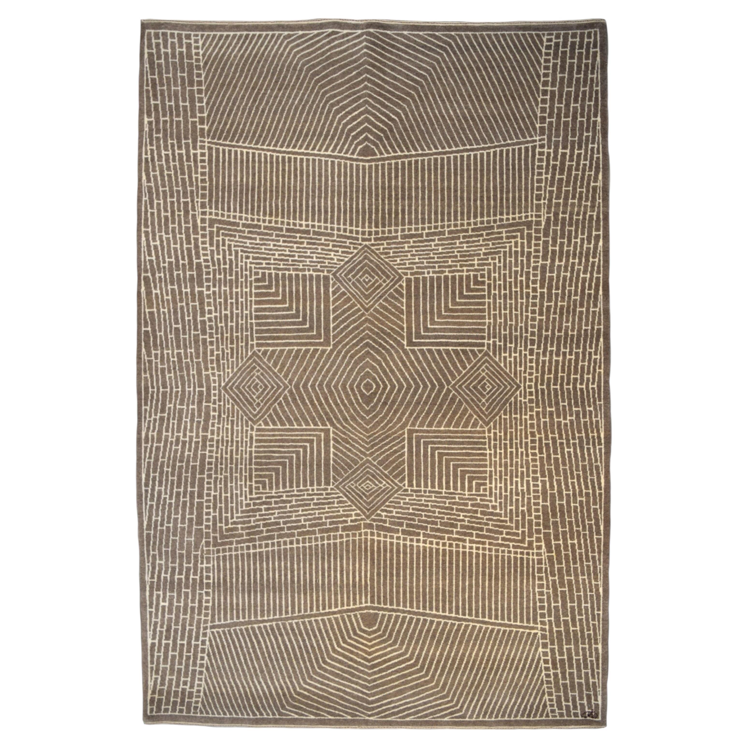 Brown 6x9 Hand-Knotted Geometric Wool Rug Inspired by Historic Architecture