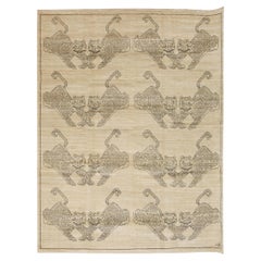 Neutral 8x10 Hand-Knotted Wool & Silk Animal Motif Rug, Leopard Design, Folk Art