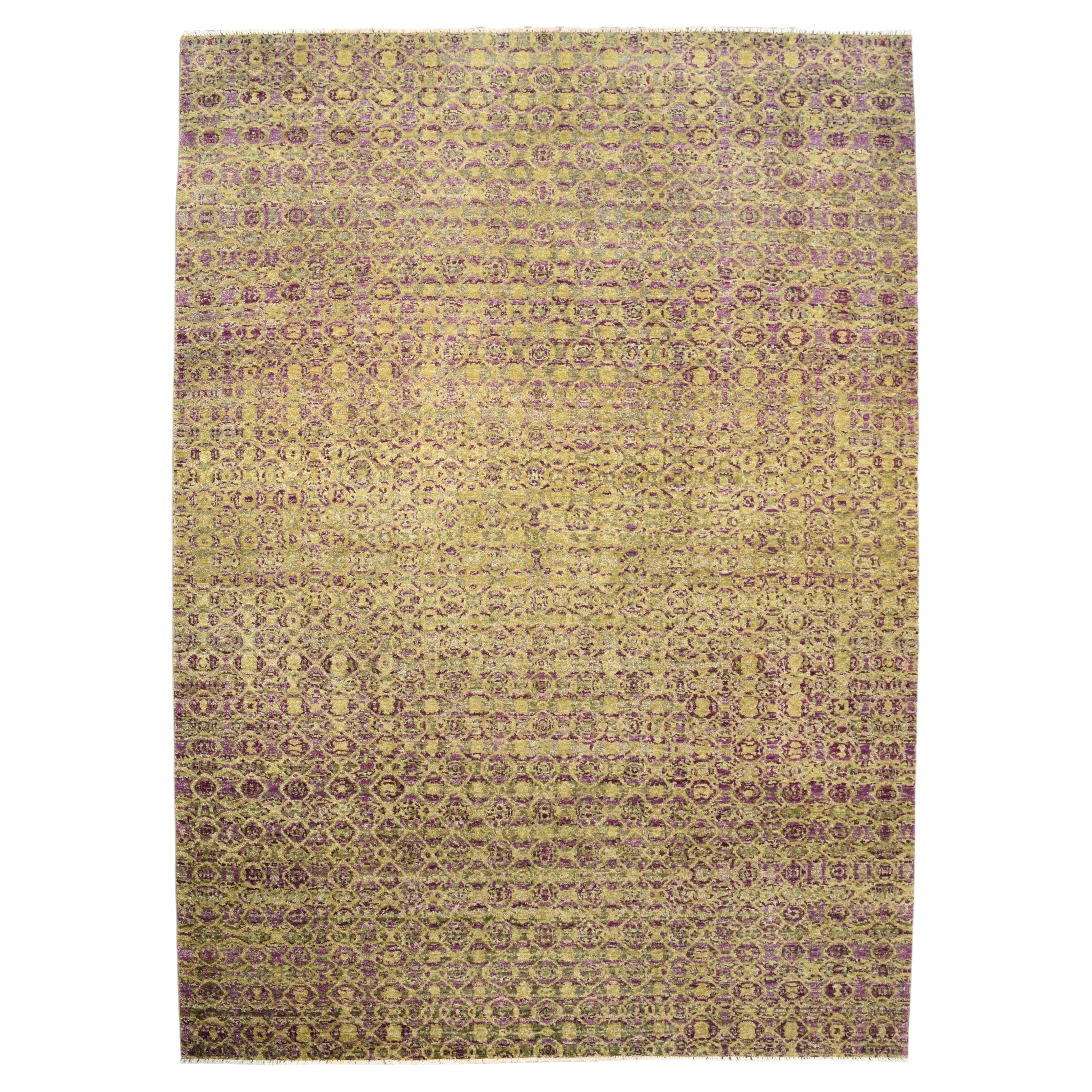 Purple and Gold Hand-Knotted 6x9 Wool Rug with Abstract Geometric Design