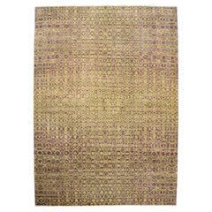 Purple and Gold Hand-Knotted 6x9 Wool Rug with Abstract Geometric Design