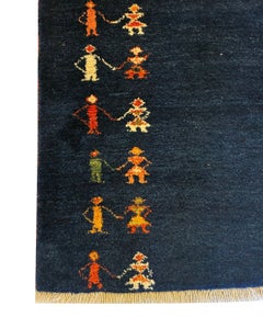 Vintage 1990s Hand-Knotted Gabbeh Figural Rug, Indigo Blue, 3x4, Rustic Folk Art