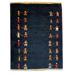 Vintage 1990s Hand-Knotted Gabbeh Figural Rug, Indigo Blue, 3x4, Rustic Folk Art