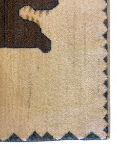Vintage 1990s Cream, Brown, Blue Wool 2x3 Tribal Lion Folk Art Rug, Hand-Knotted