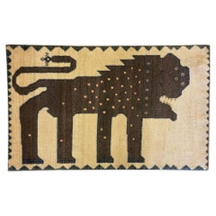Vintage 1990s Cream, Brown, Blue Wool 2x3 Tribal Lion Folk Art Rug, Hand-Knotted