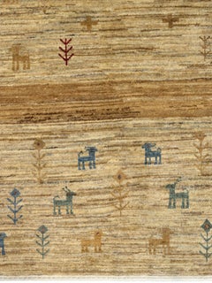 Hand-Knotted 4x6 Ghashghai-Inspired Tribal Rug, Animal Motifs, Cream, Green, Red
