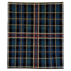 Hand-Knotted Wool Rug, Blue, Red, Green, and Gold Plaid, Wisconsin Tartan, 4x5