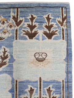 Whimsical Floral Hand-Knotted 6x9 Wool Rug in Blue and Cream, Arts and Crafts